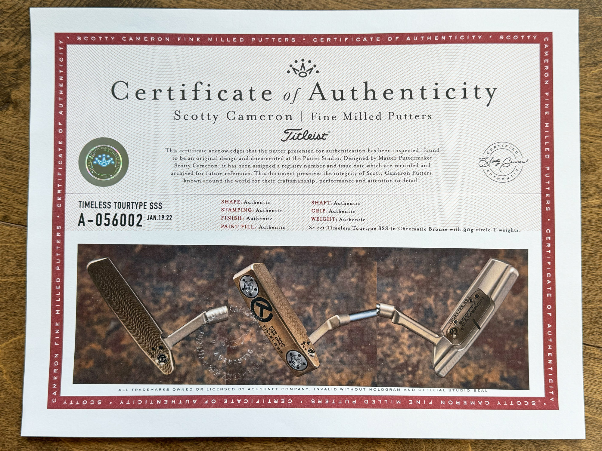 scotty cameron certificate of authenticity coa paperwork for circle t putter golf club