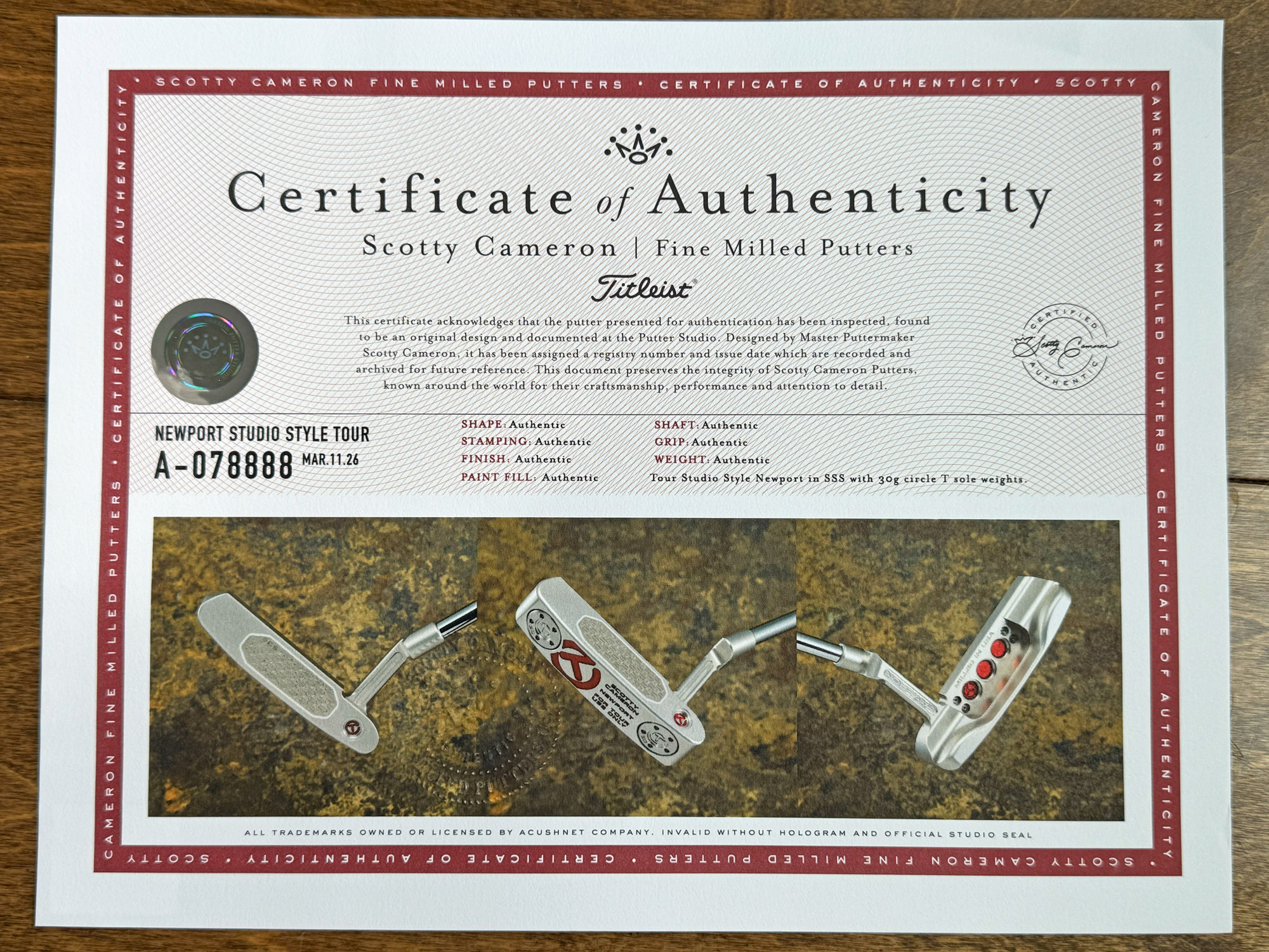 scotty cameron certificate of authenticity coa paperwork for circle t putter golf club