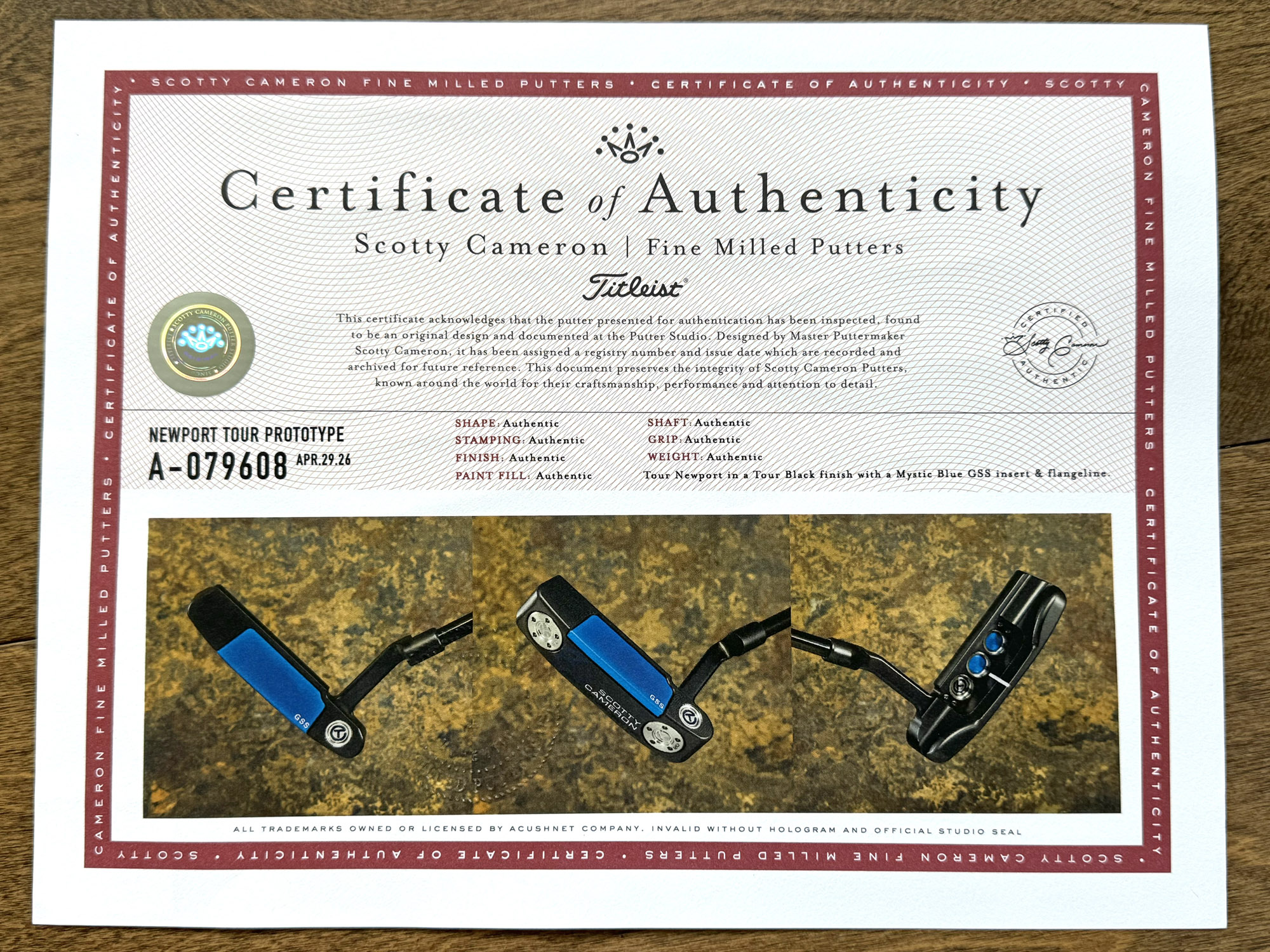 scotty cameron certificate of authenticity coa paperwork for circle t putter golf club