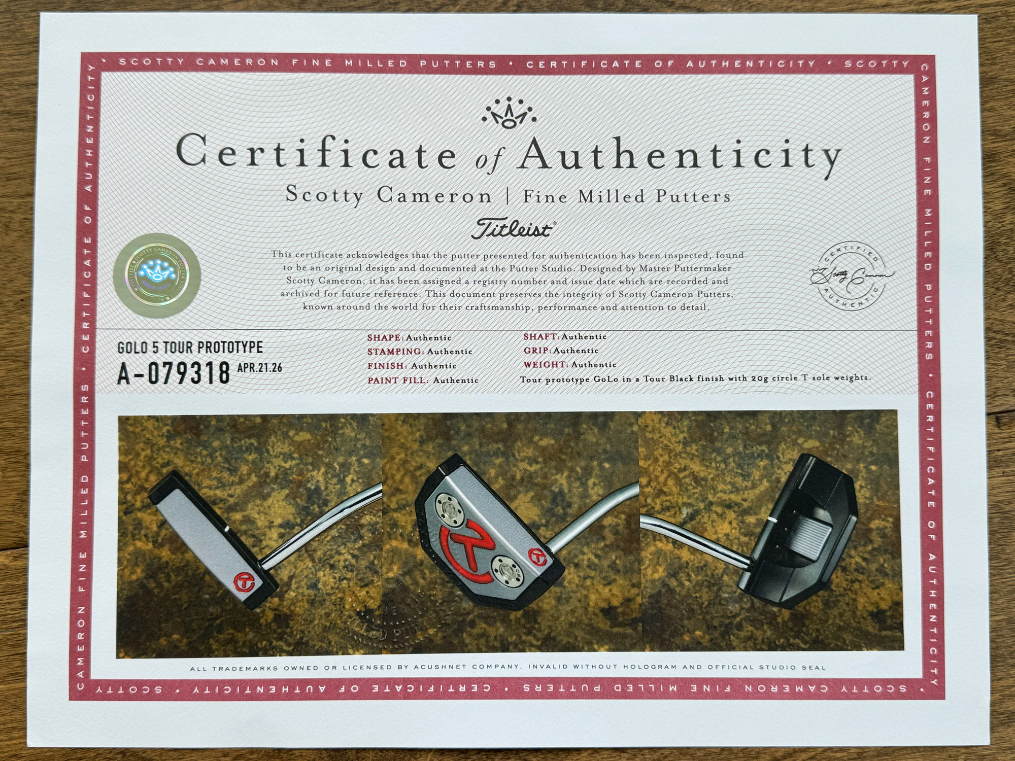 scotty cameron certificate of authenticity coa paperwork for circle t putter golf club