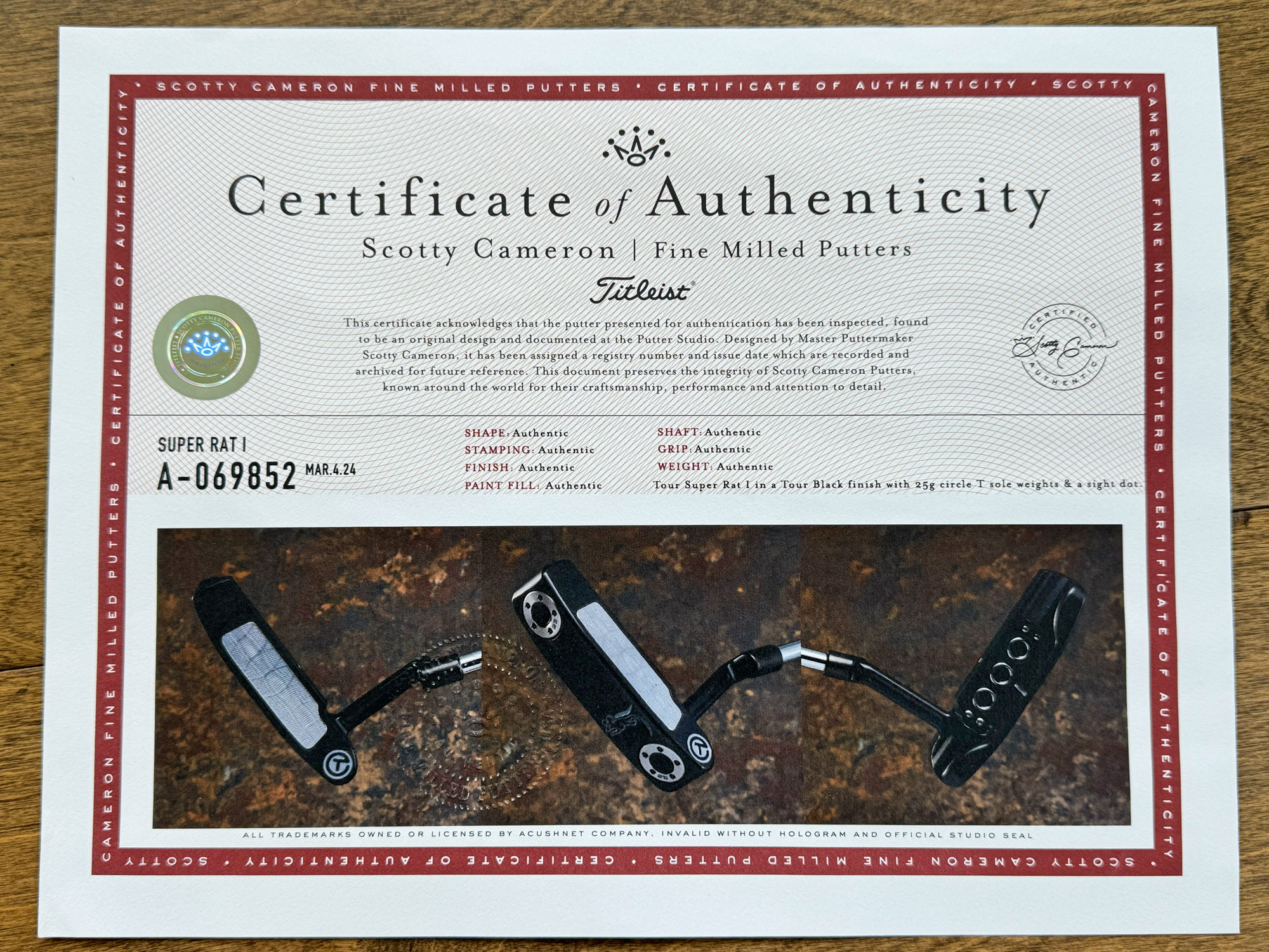 scotty cameron certificate of authenticity coa paperwork for circle t putter golf club