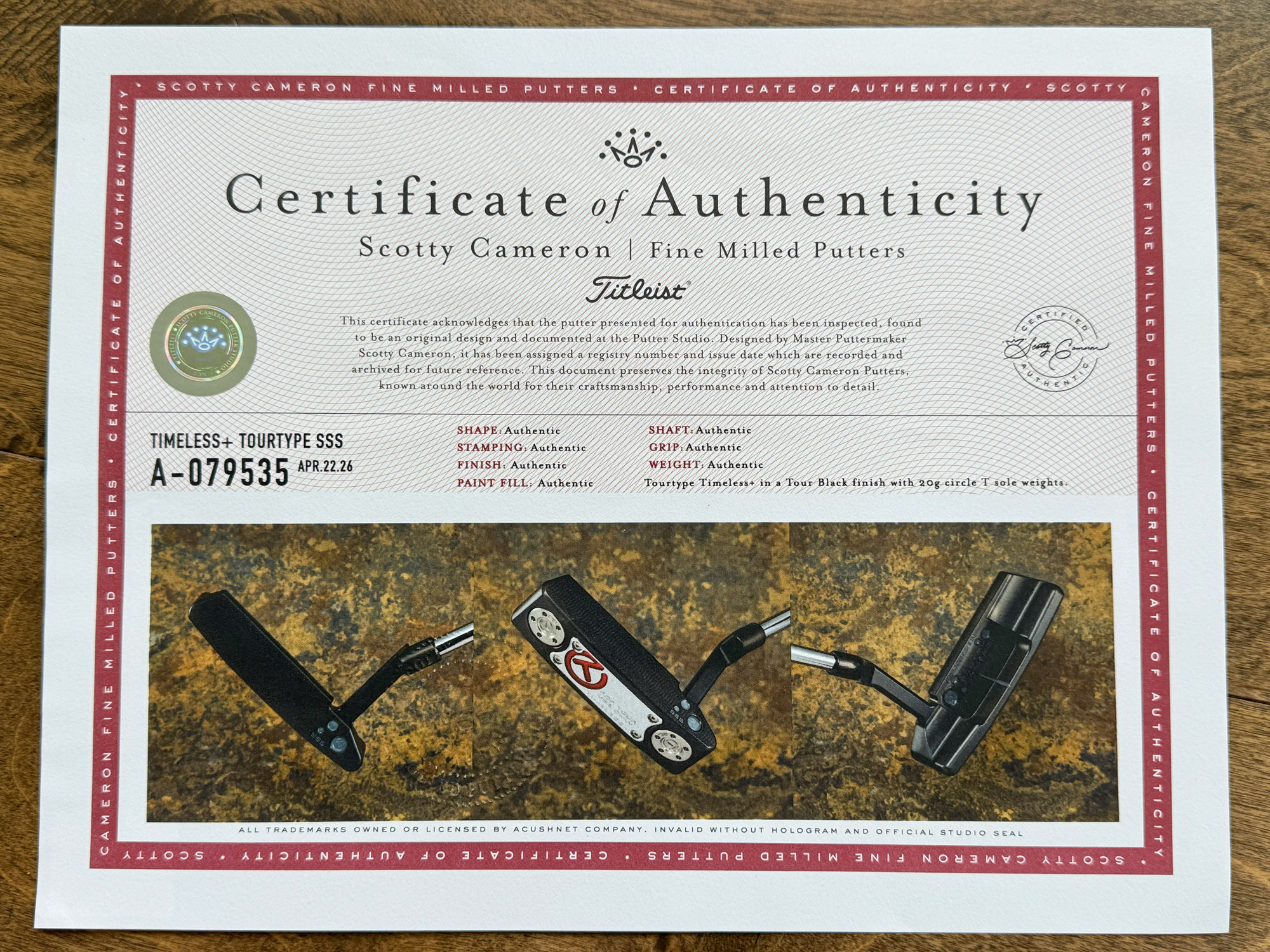 scotty cameron certificate of authenticity coa paperwork for circle t putter golf club