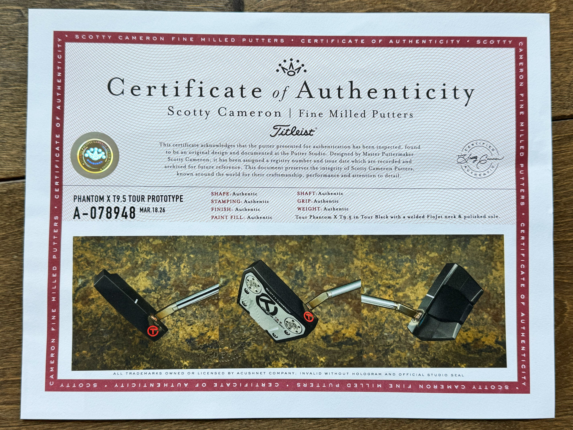scotty cameron certificate of authenticity coa paperwork for circle t putter golf club