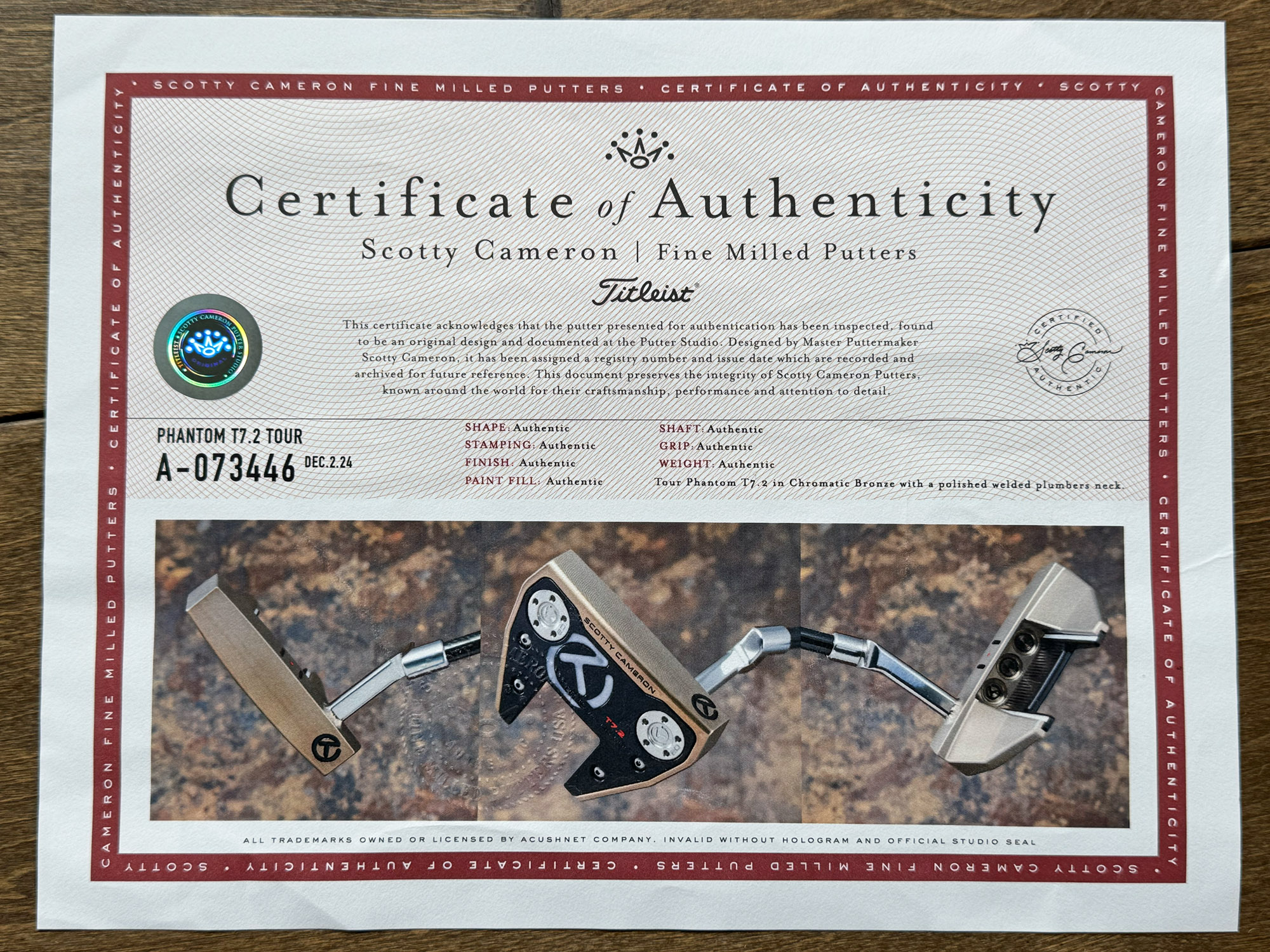 scotty cameron certificate of authenticity coa paperwork for circle t putter golf club