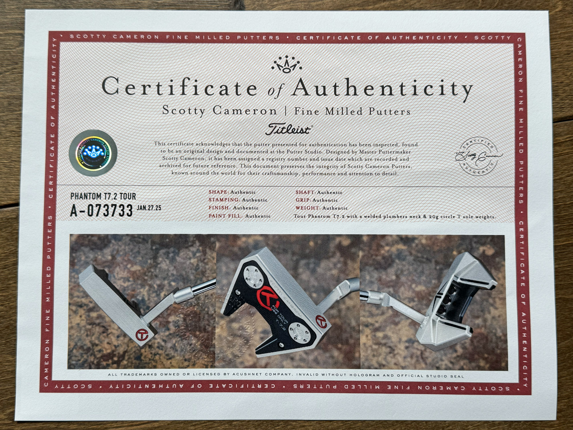 scotty cameron certificate of authenticity coa paperwork for circle t putter golf club