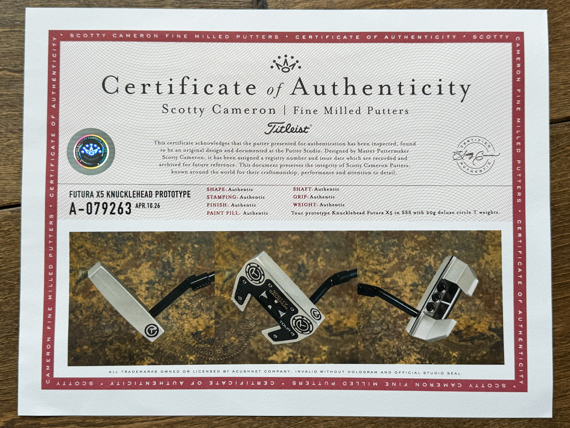 scotty cameron certificate of authenticity coa paperwork for circle t putter golf club
