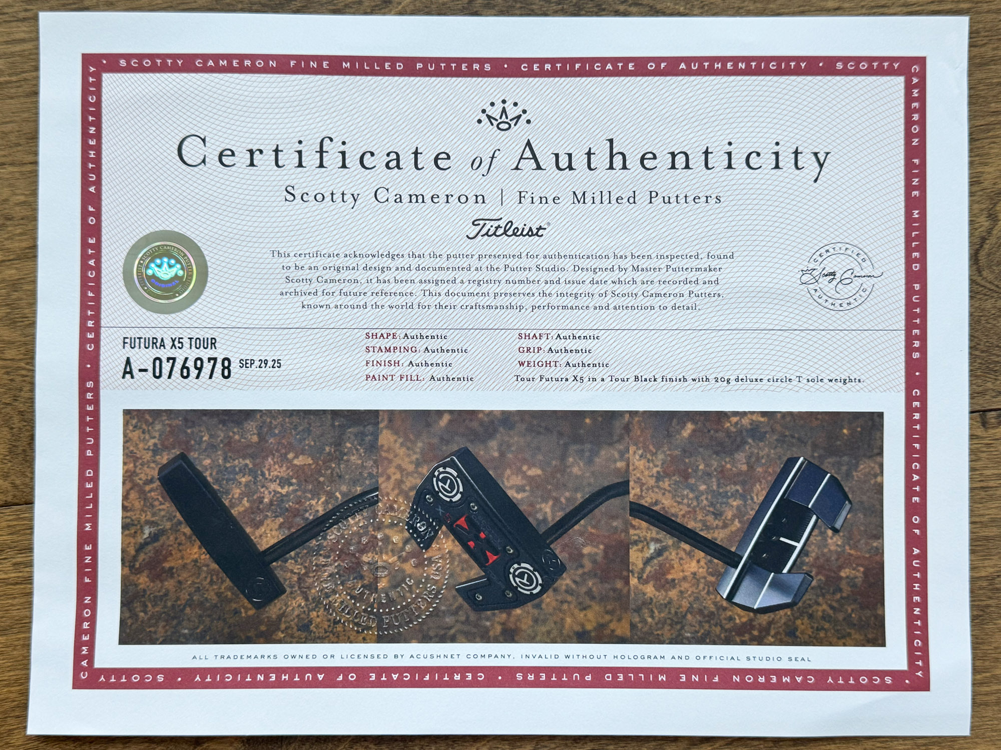 scotty cameron certificate of authenticity coa paperwork for circle t putter golf club