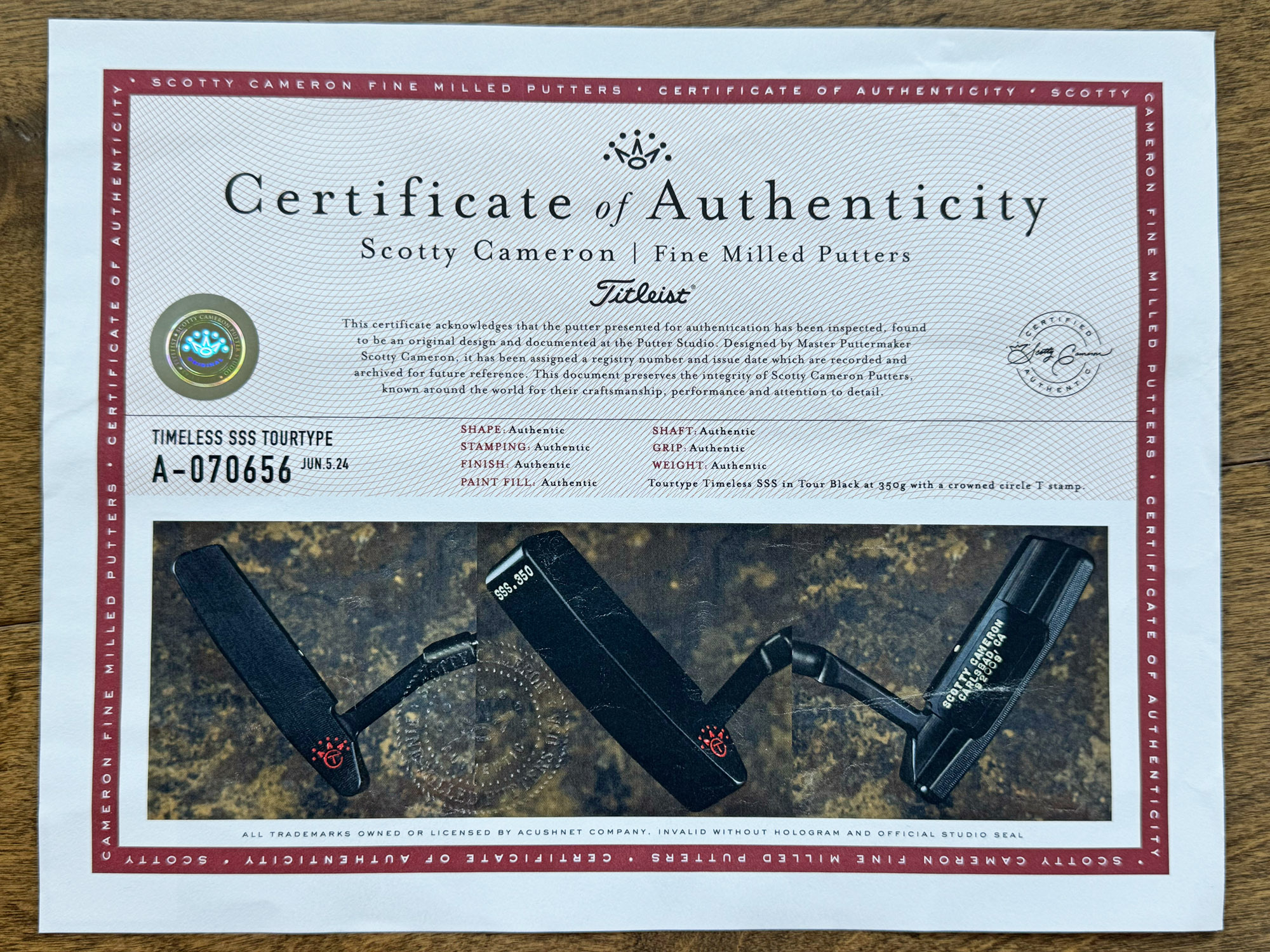scotty cameron certificate of authenticity coa paperwork for circle t putter golf club
