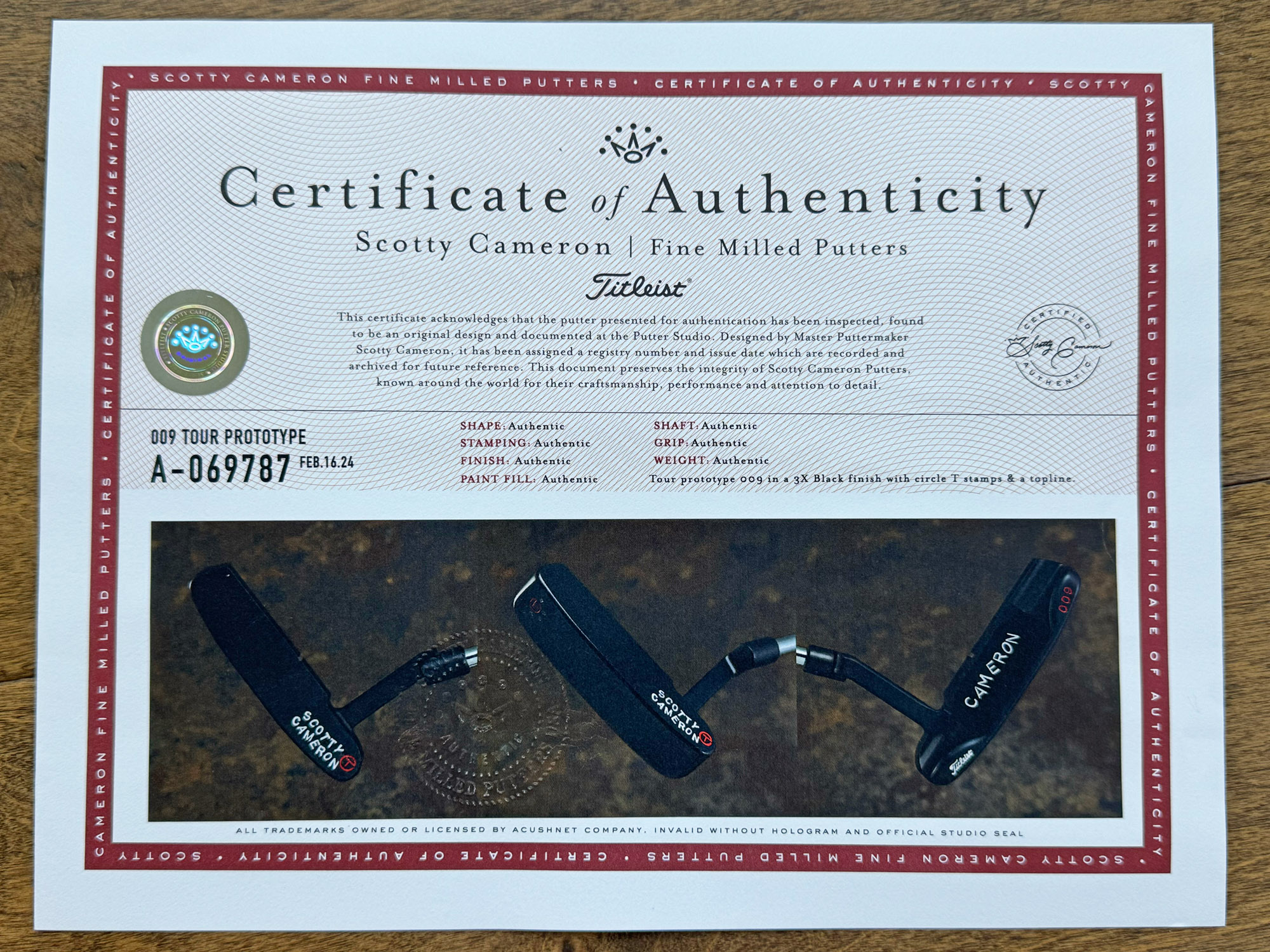 scotty cameron certificate of authenticity coa paperwork for circle t putter golf club