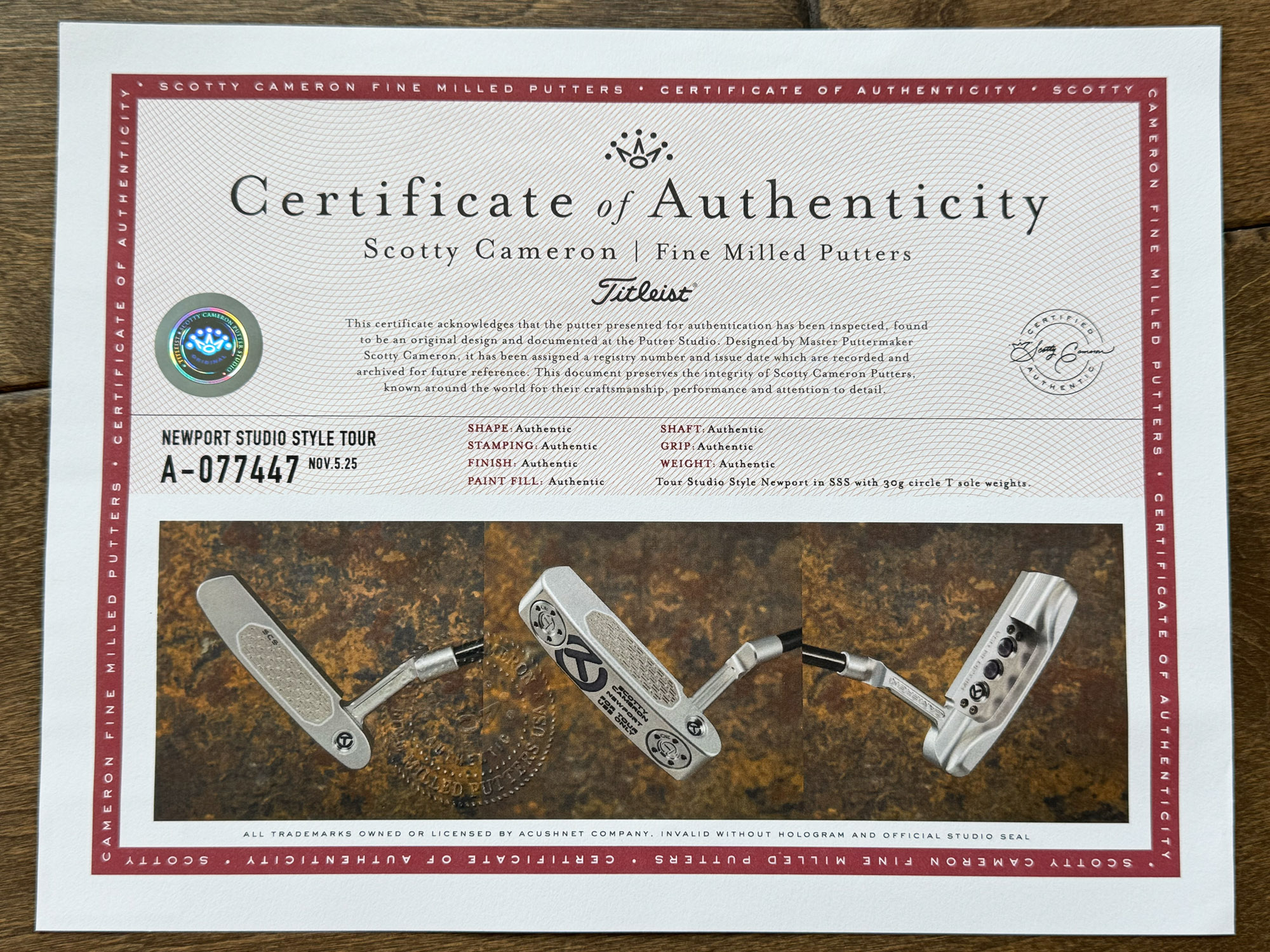 scotty cameron certificate of authenticity coa paperwork for circle t putter