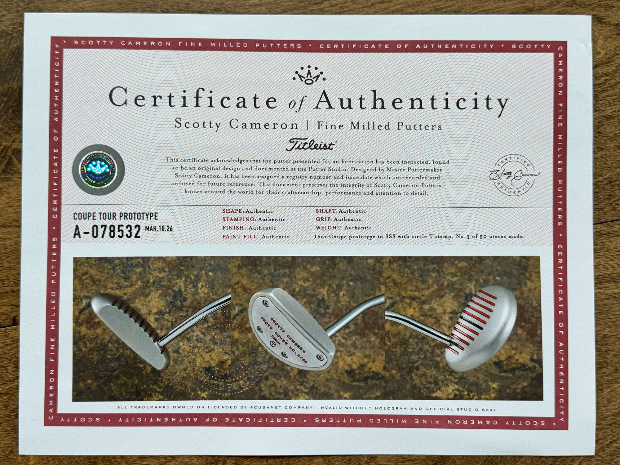 scotty cameron certificate of authenticity coa paperwork for circle t putter golf club