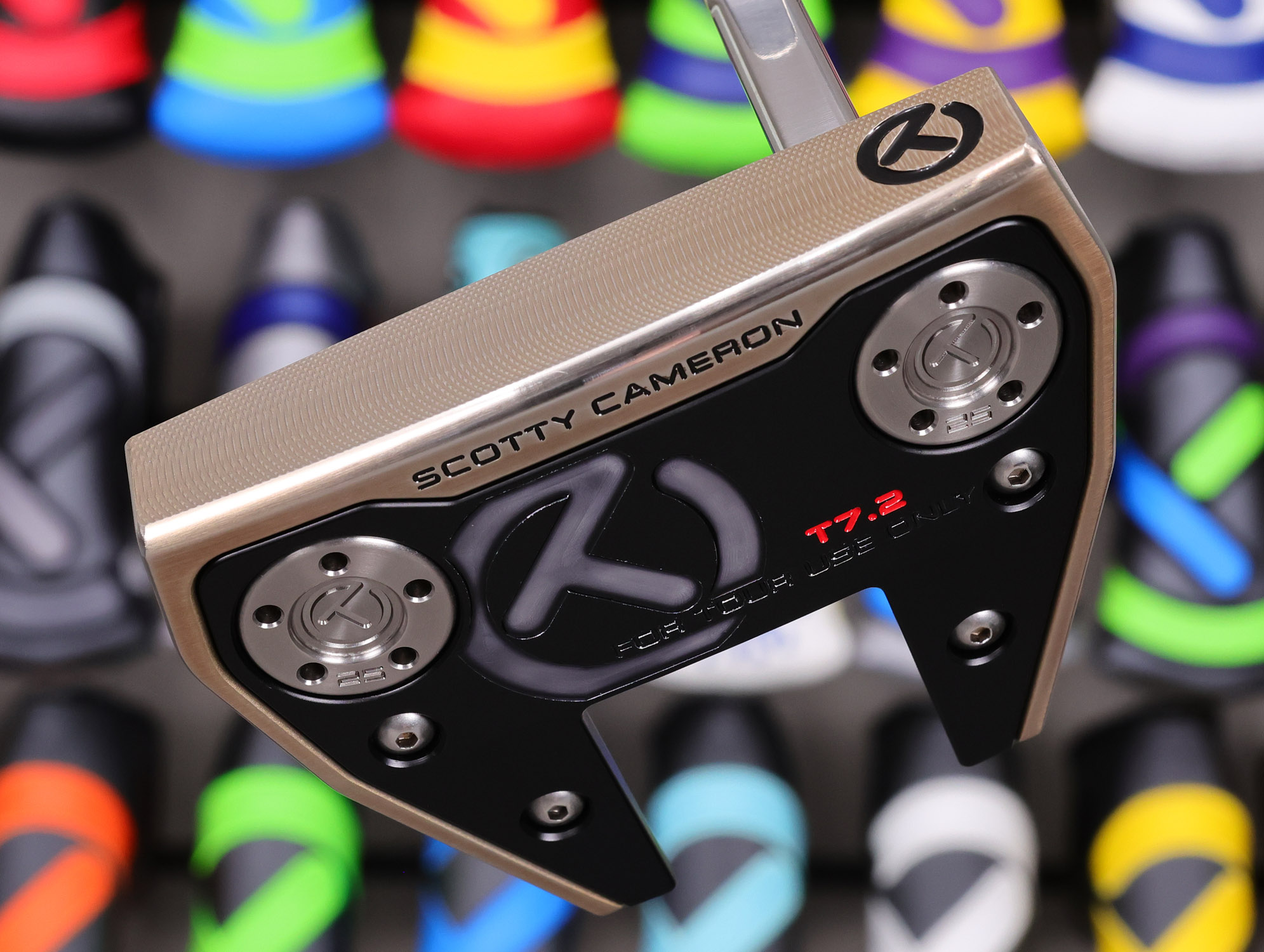 scotty cameron tour only two tone chromatic bronze and silver phantom x t7.2 circle t 360g putter with welded and polished sss plumber neck and black shaft with tour only alignment aid golf club