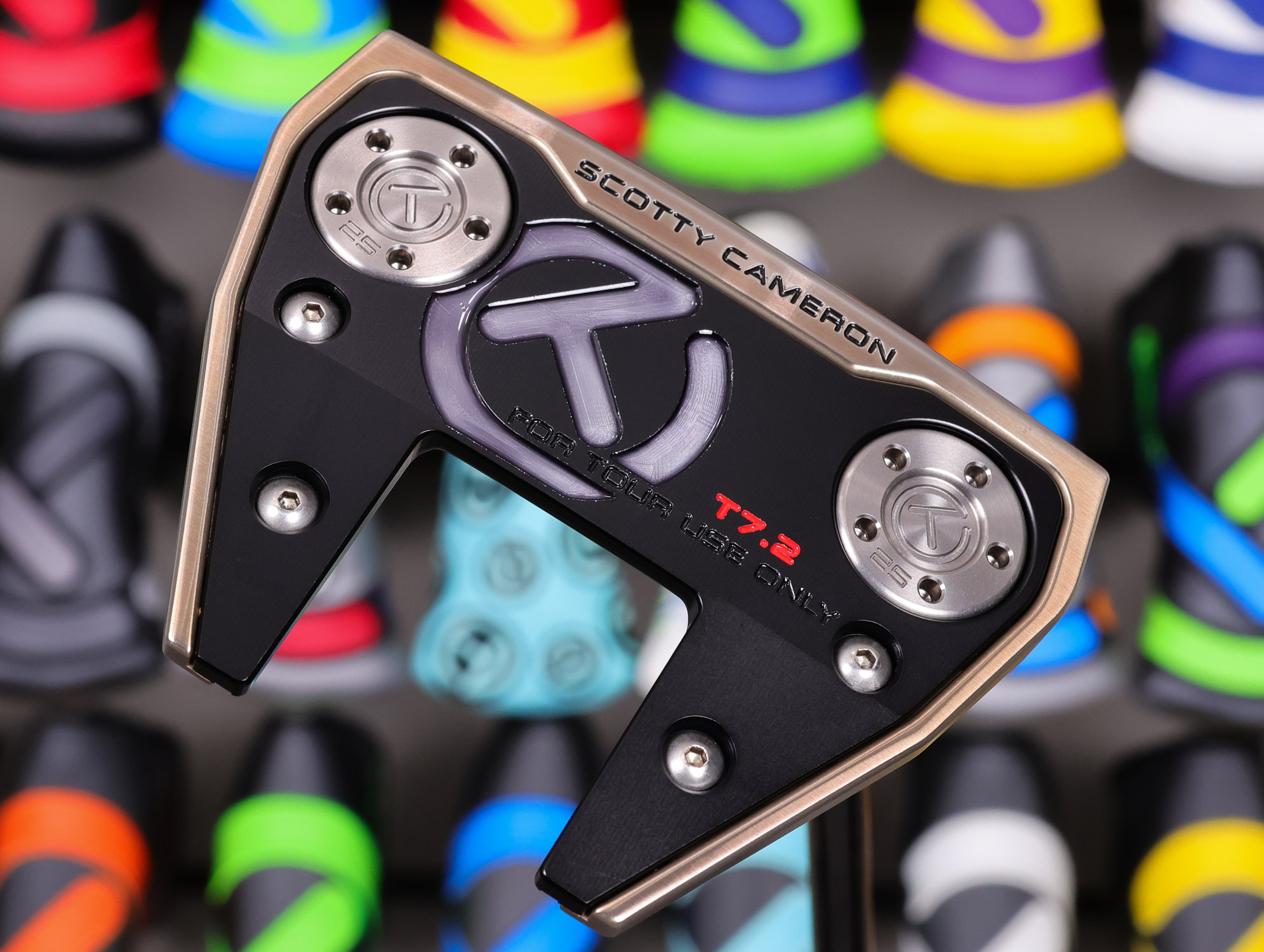 scotty cameron tour only two tone chromatic bronze and silver phantom x t7.2 circle t 360g putter with welded and polished sss plumber neck and black shaft with tour only alignment aid golf club