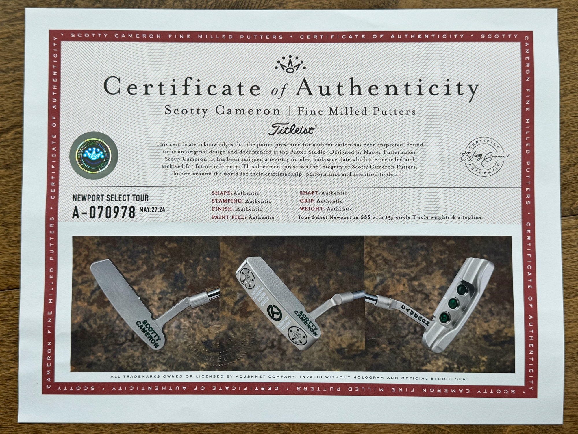 scotty cameron certificate of authenticity coa paperwork for circle t putter golf club