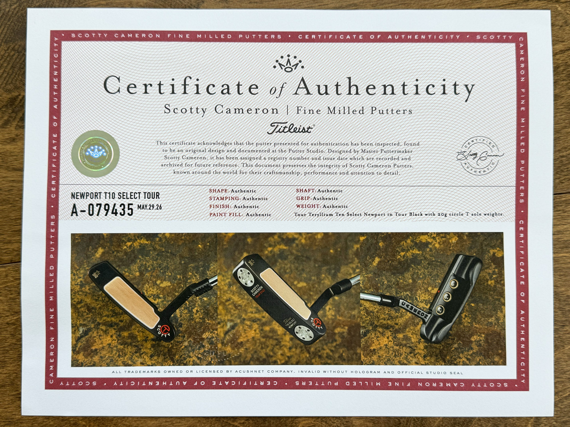 scotty cameron certificate of authenticity coa paperwork for circle t putter golf club