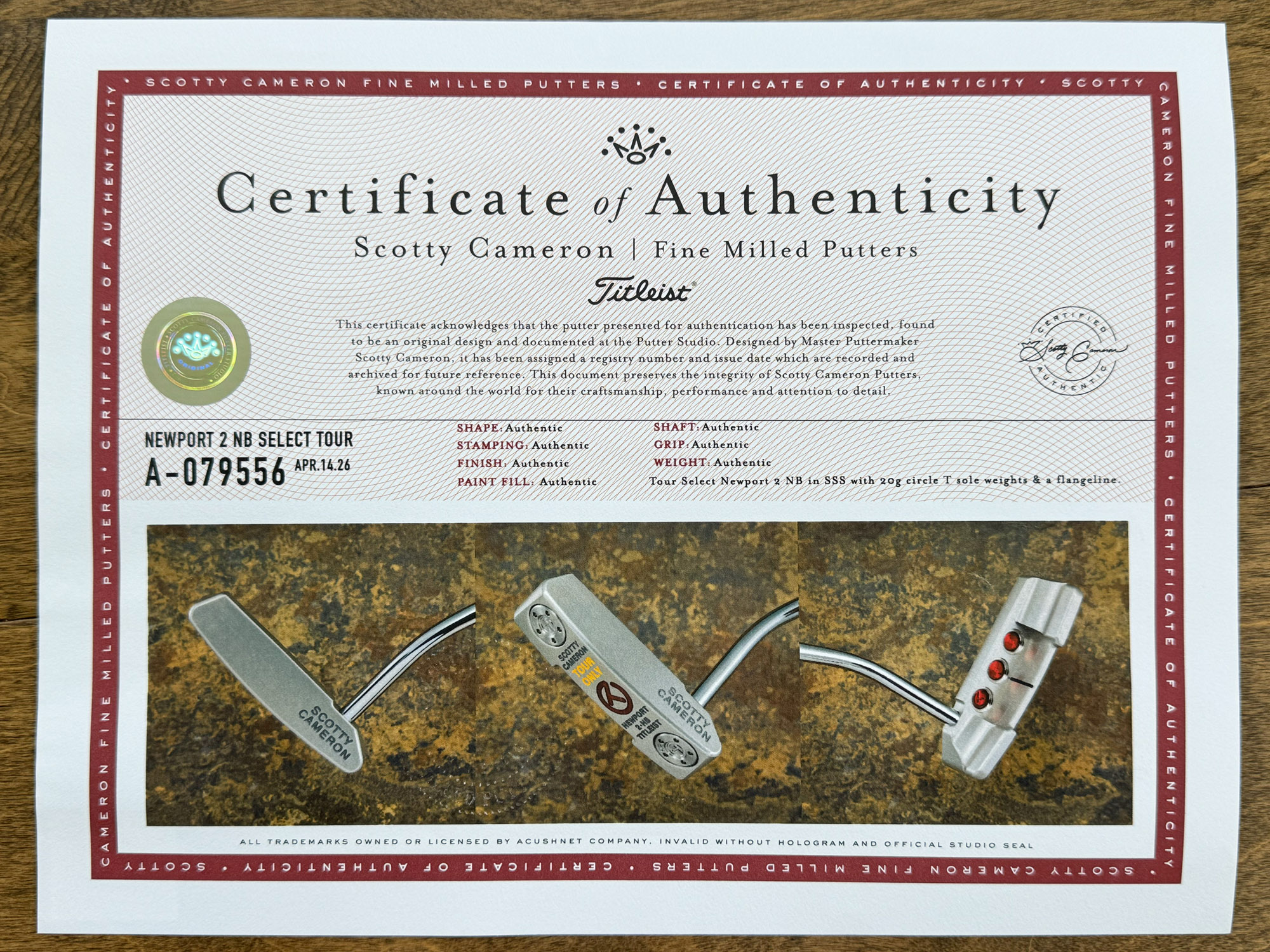scotty cameron certificate of authenticity coa paperwork for circle t putter golf club