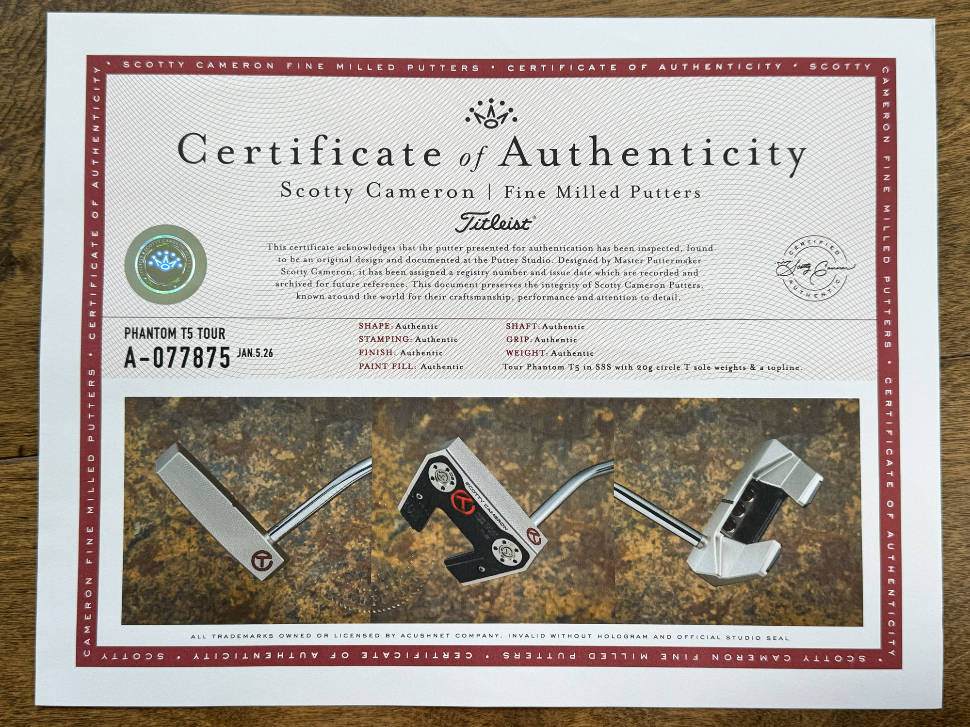 scotty cameron certificate of authenticity coa paperwork for circle t putter golf club