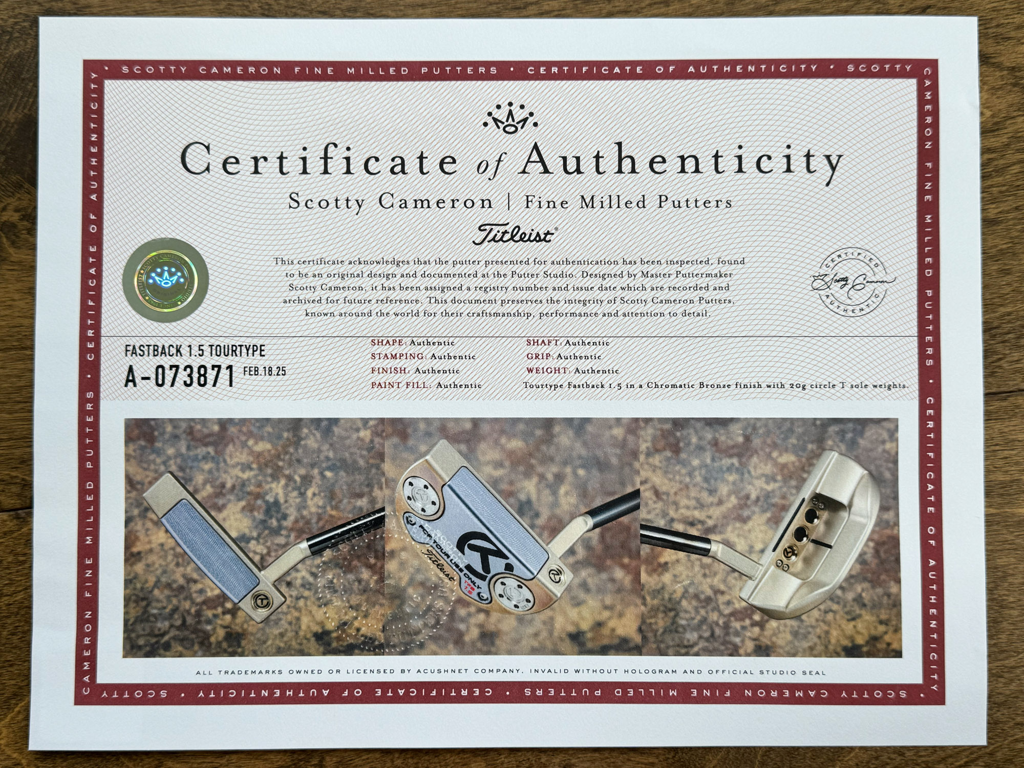 scotty cameron certificate of authenticity coa paperwork for circle t putter golf club