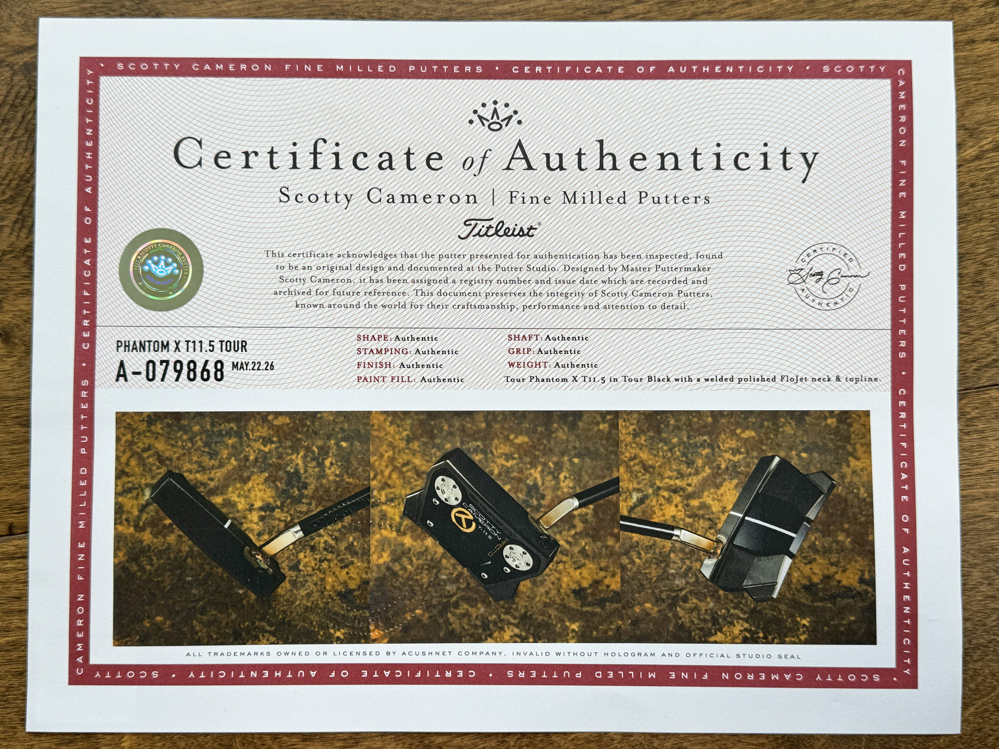 scotty cameron certificate of authenticity coa paperwork for circle t putter golf club