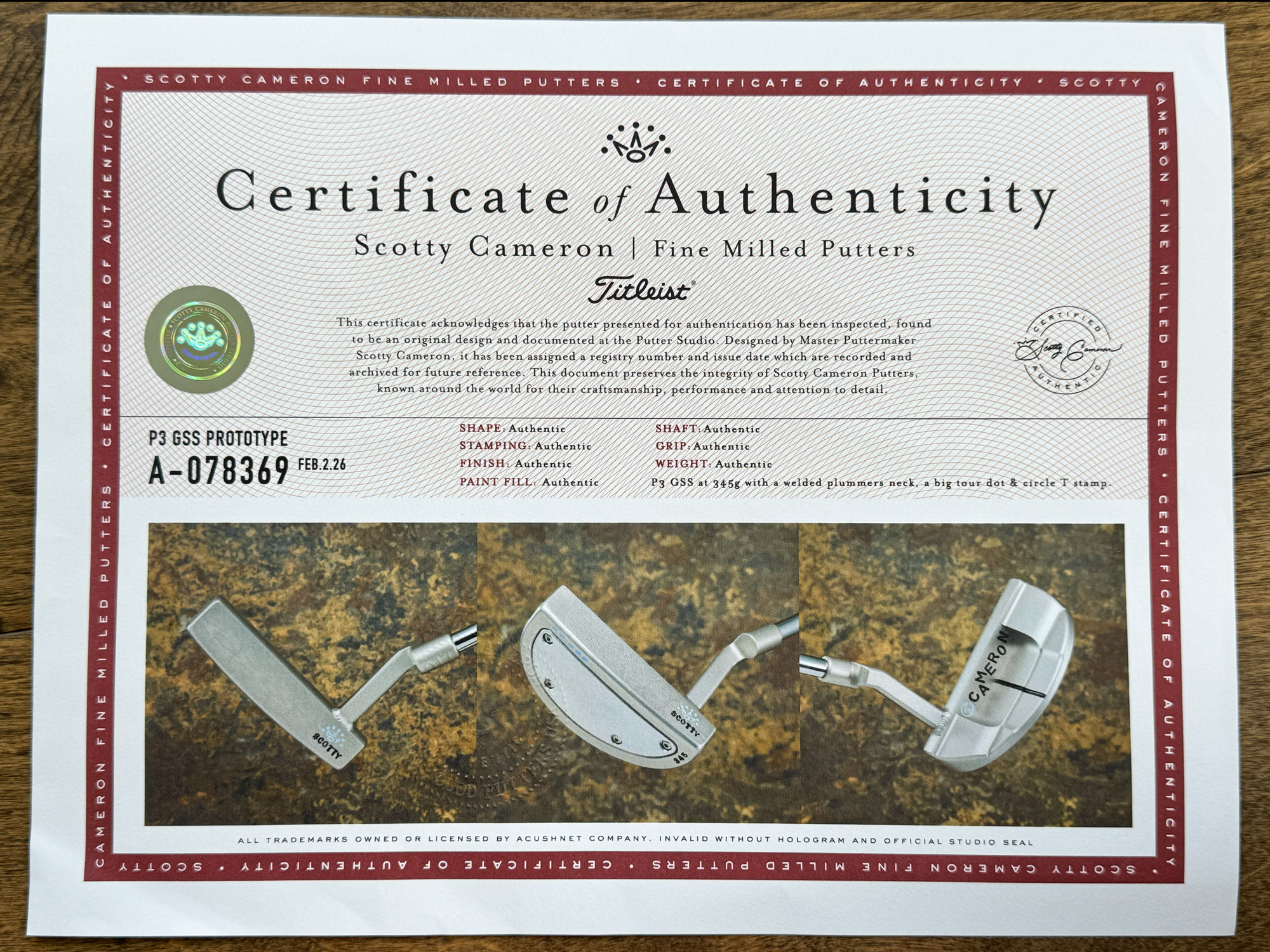 scotty cameron certificate of authenticity coa paperwork for circle t putter golf club