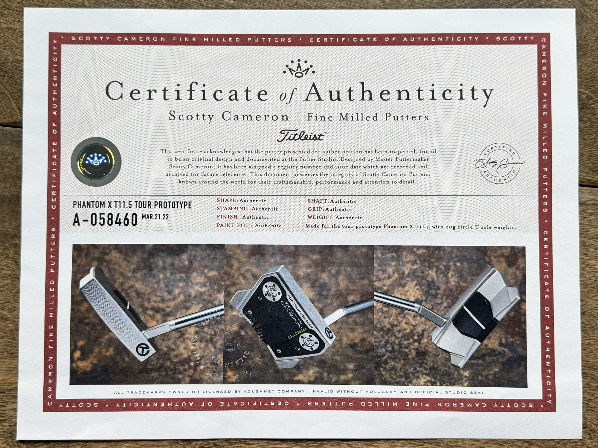 scotty cameron certificate of authenticity coa paperwork for circle t putter golf club