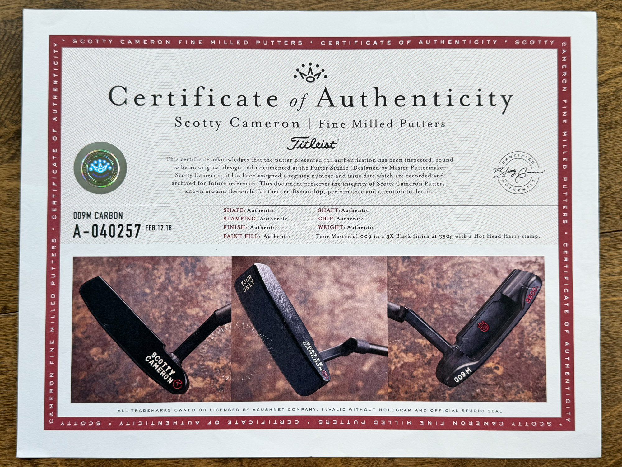 scotty cameron certificate of authenticity coa paperwork for circle t putter golf club