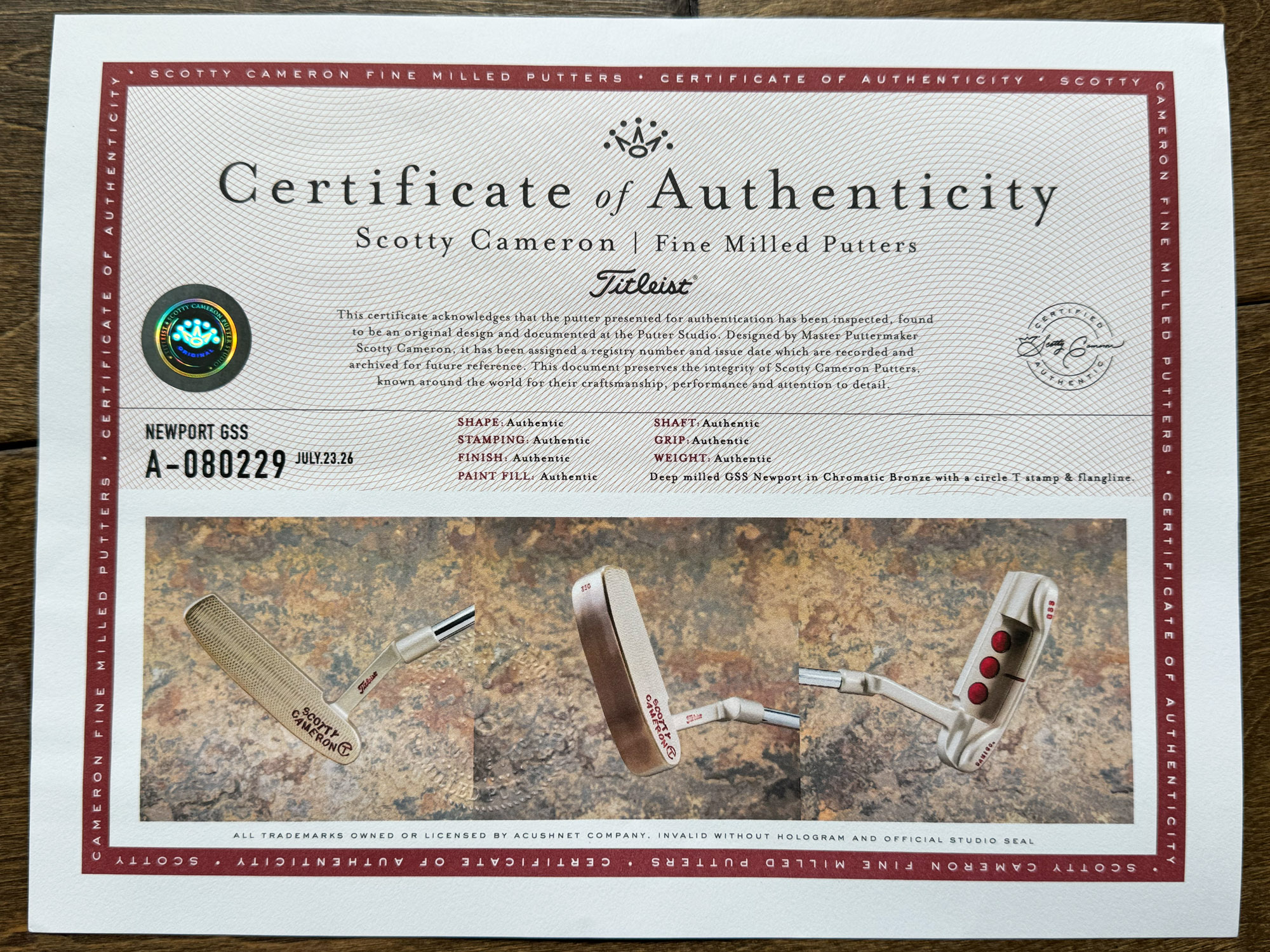 scotty cameron certificate of authenticity coa paperwork for circle t putter golf club