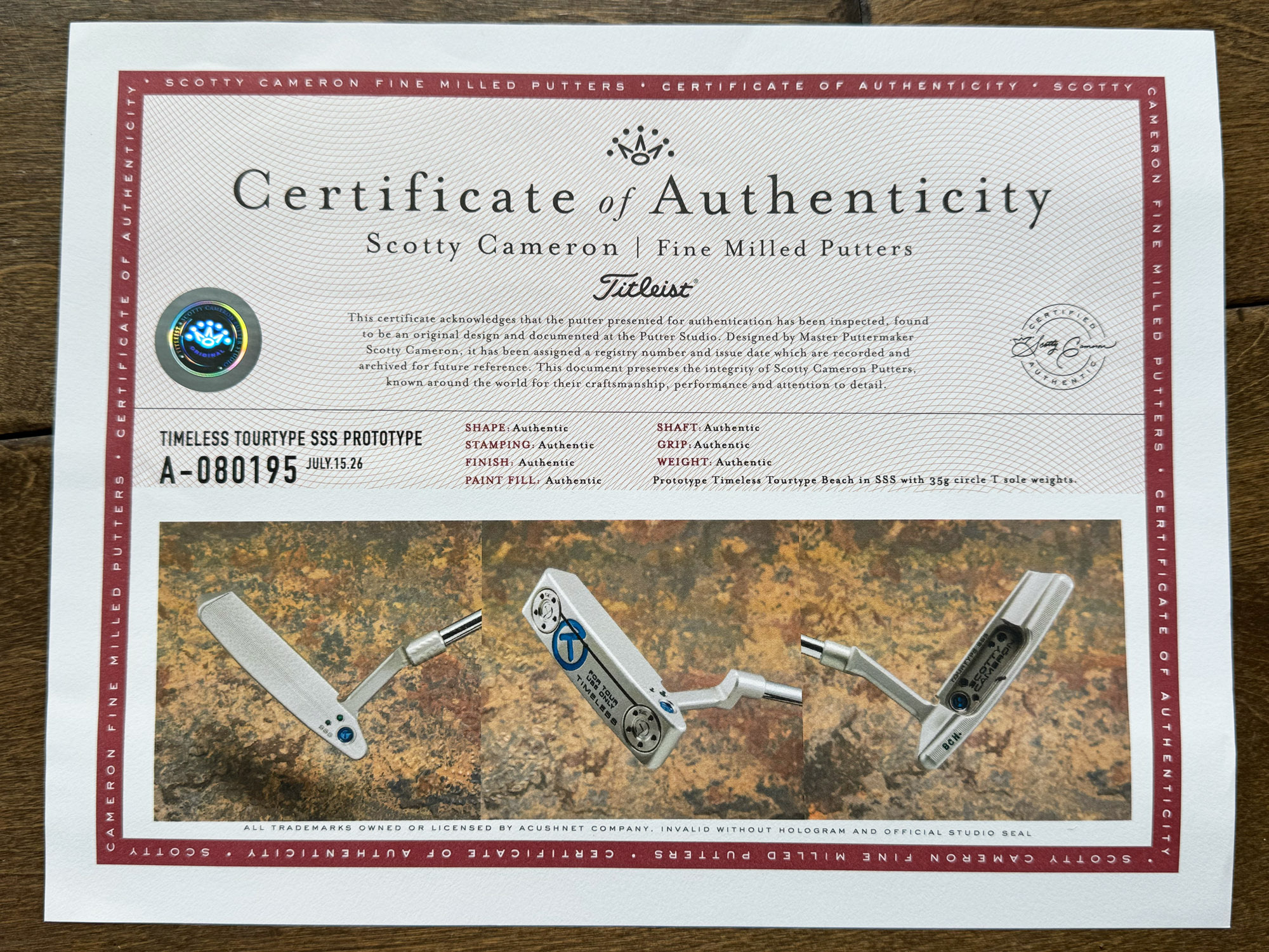 scotty cameron certificate of authenticity coa paperwork for circle t putter golf club