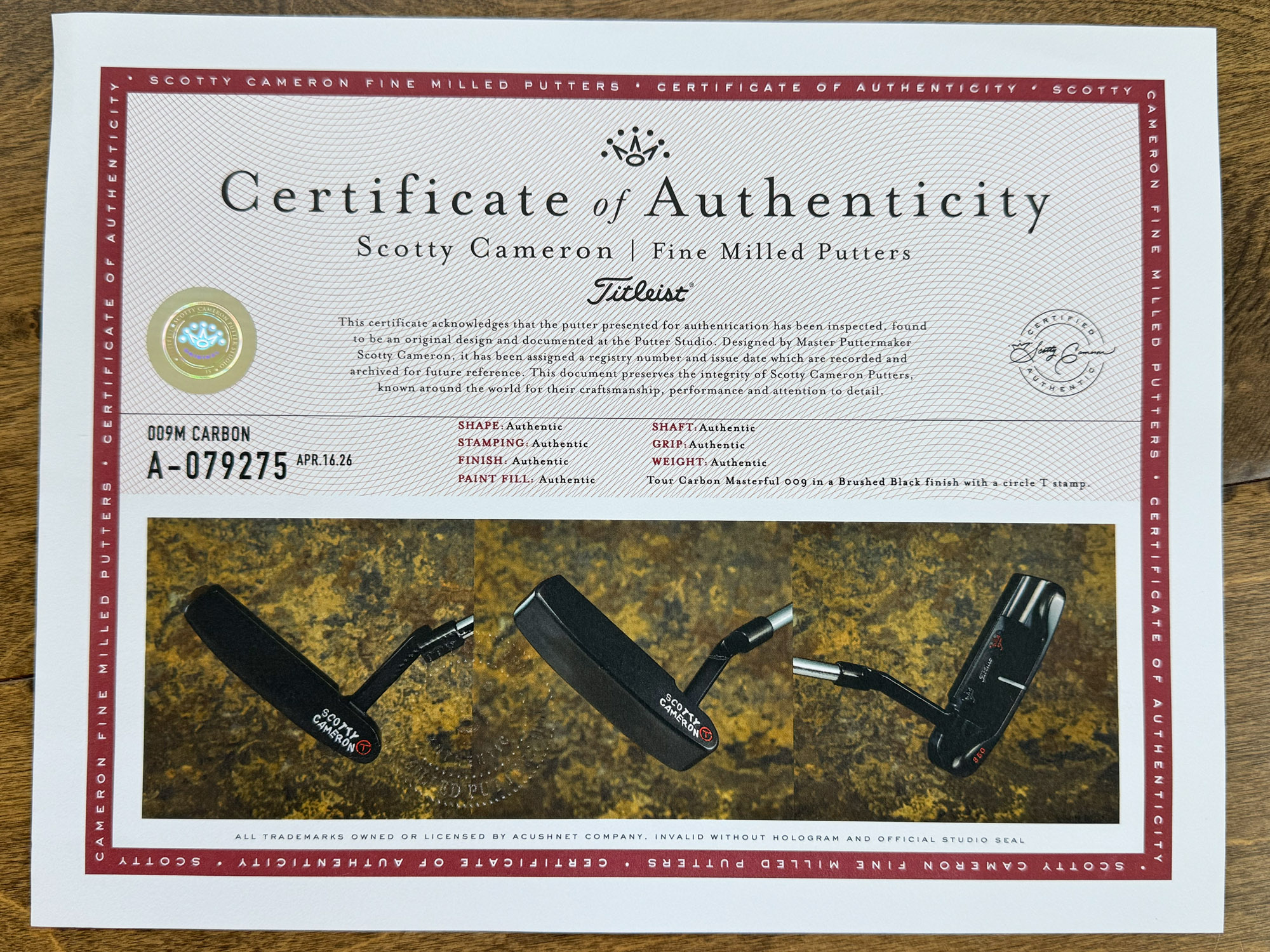 scotty cameron certificate of authenticity coa paperwork for circle t putter golf club