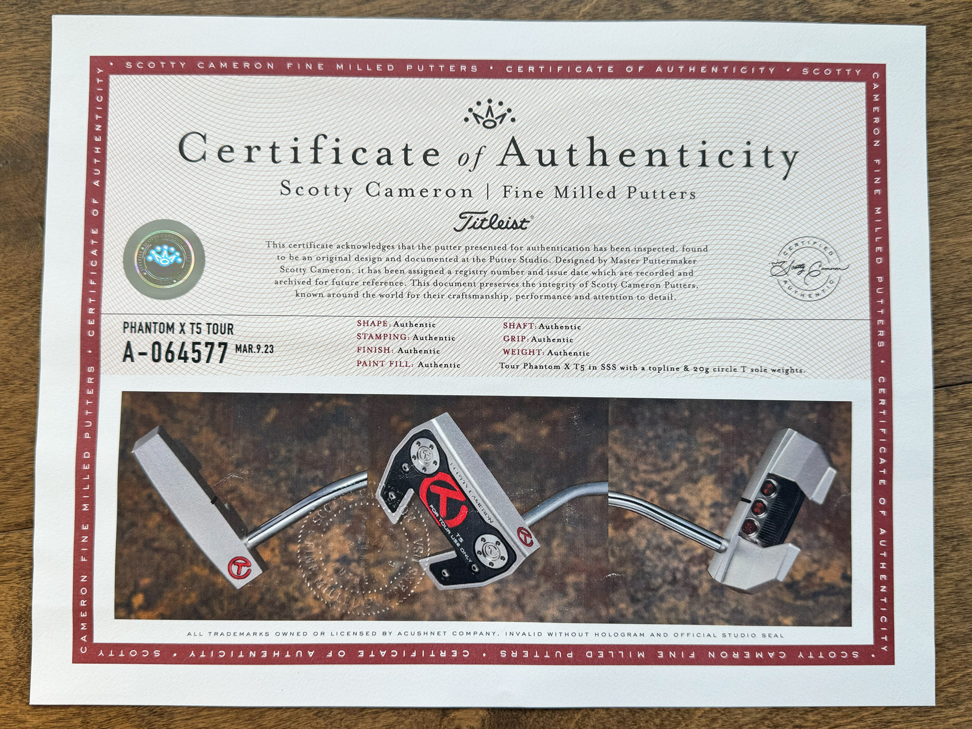 scotty cameron certificate of authenticity coa paperwork for circle t putter golf club