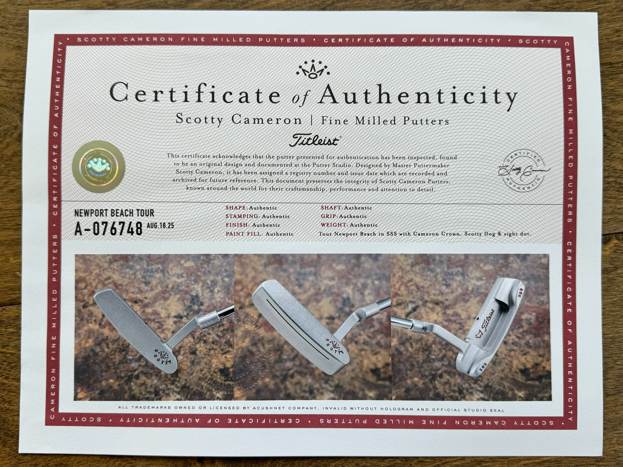 scotty cameron certificate of authenticity coa paperwork for circle t putter golf club