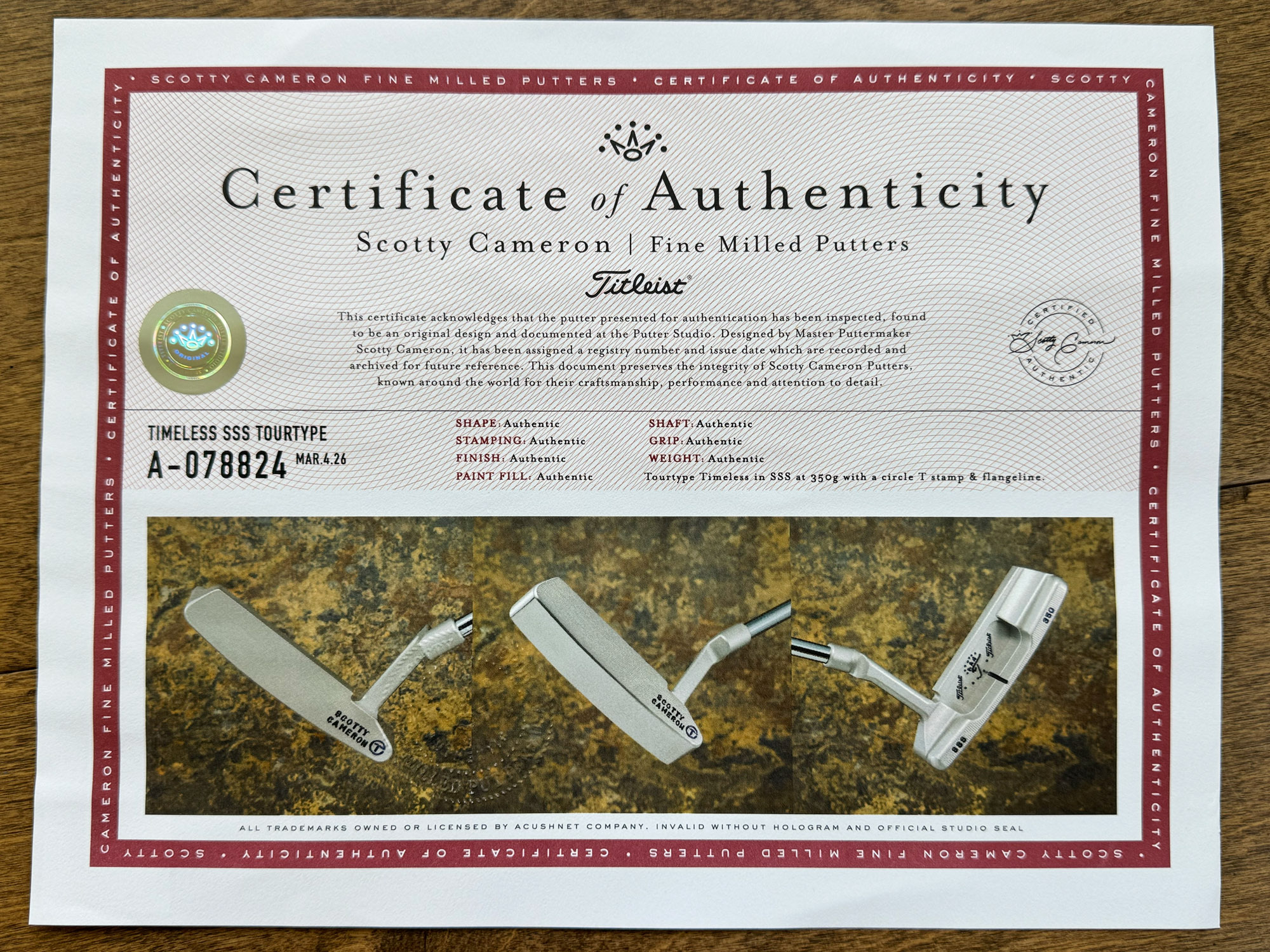 scotty cameron certificate of authenticity coa paperwork for circle t putter golf club