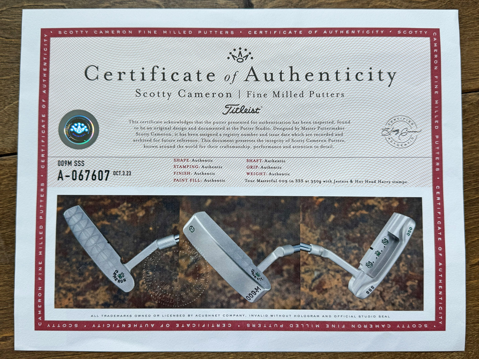scotty cameron certificate of authenticity coa paperwork for circle t putter golf club