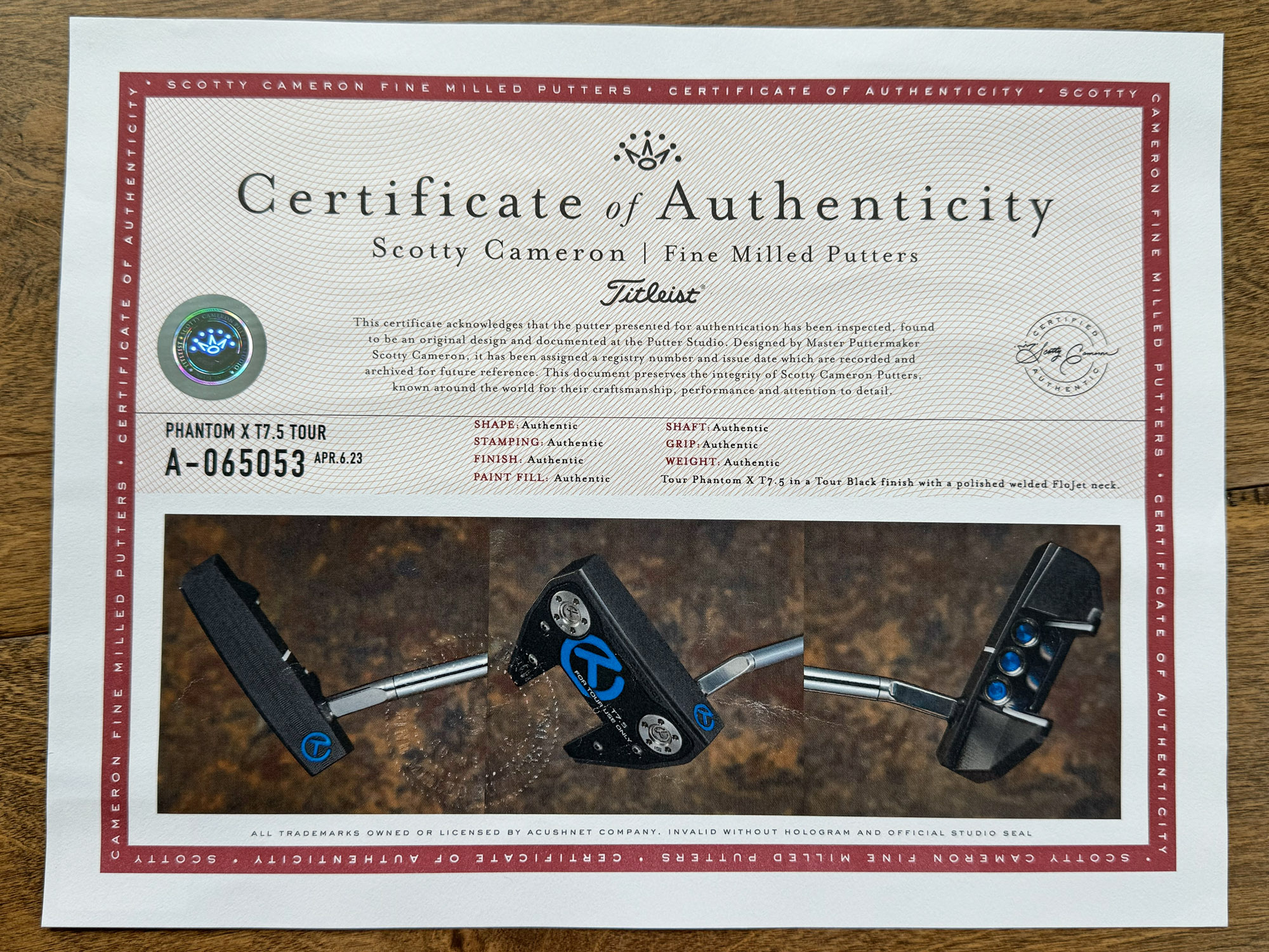 scotty cameron certificate of authenticity coa paperwork for circle t putter golf club