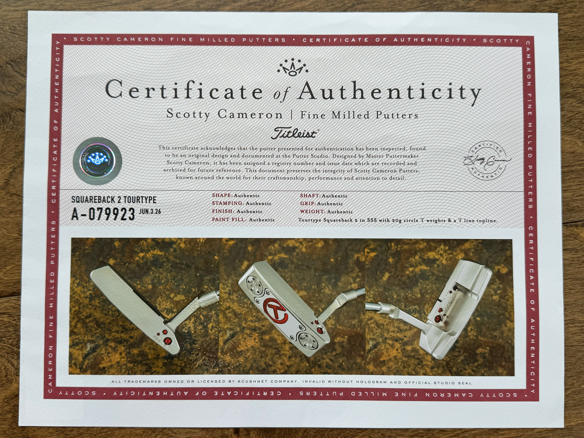 scotty cameron certificate of authenticity coa paperwork for circle t putter golf club