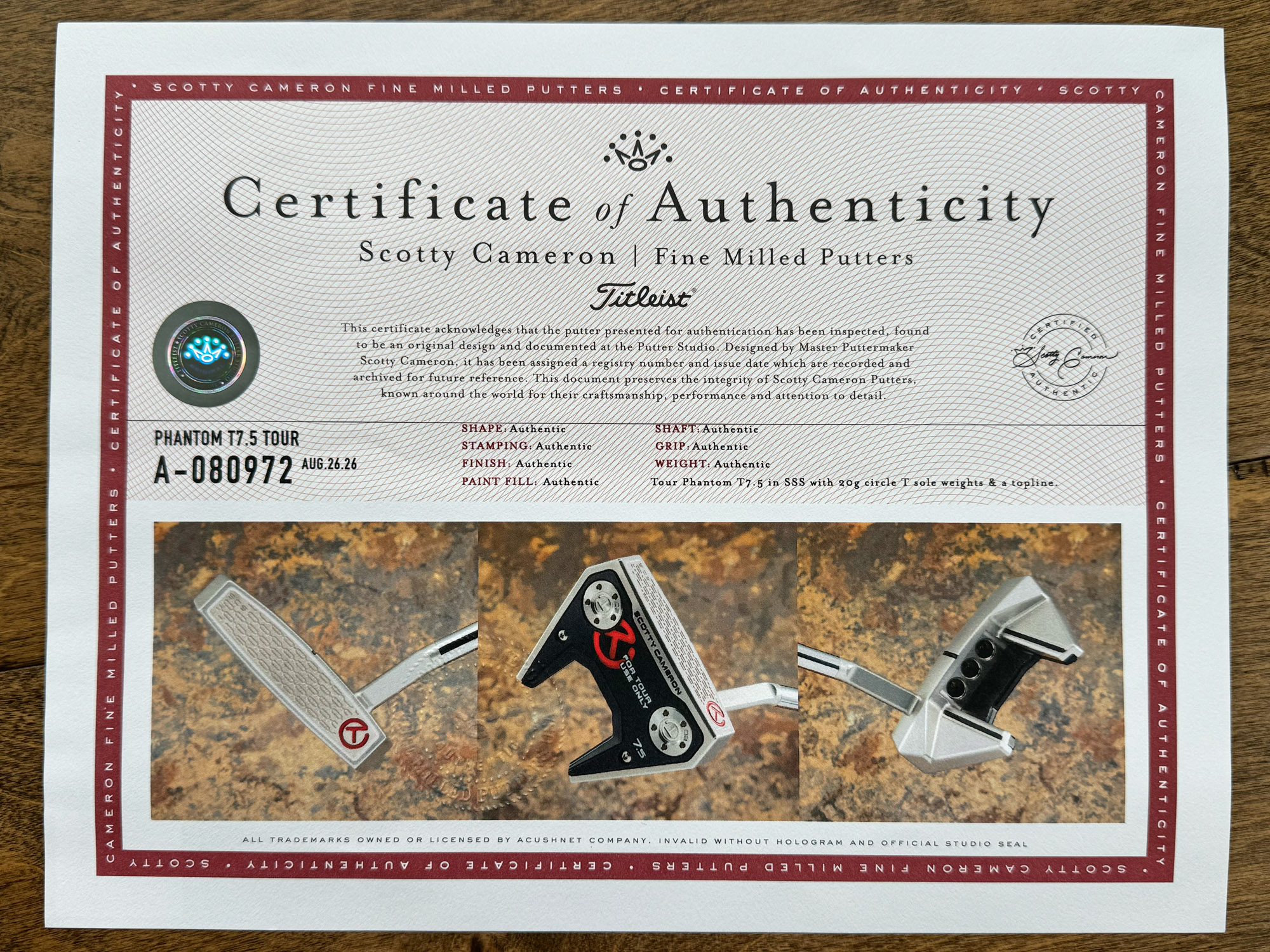scotty cameron certificate of authenticity coa paperwork for circle t putter golf club