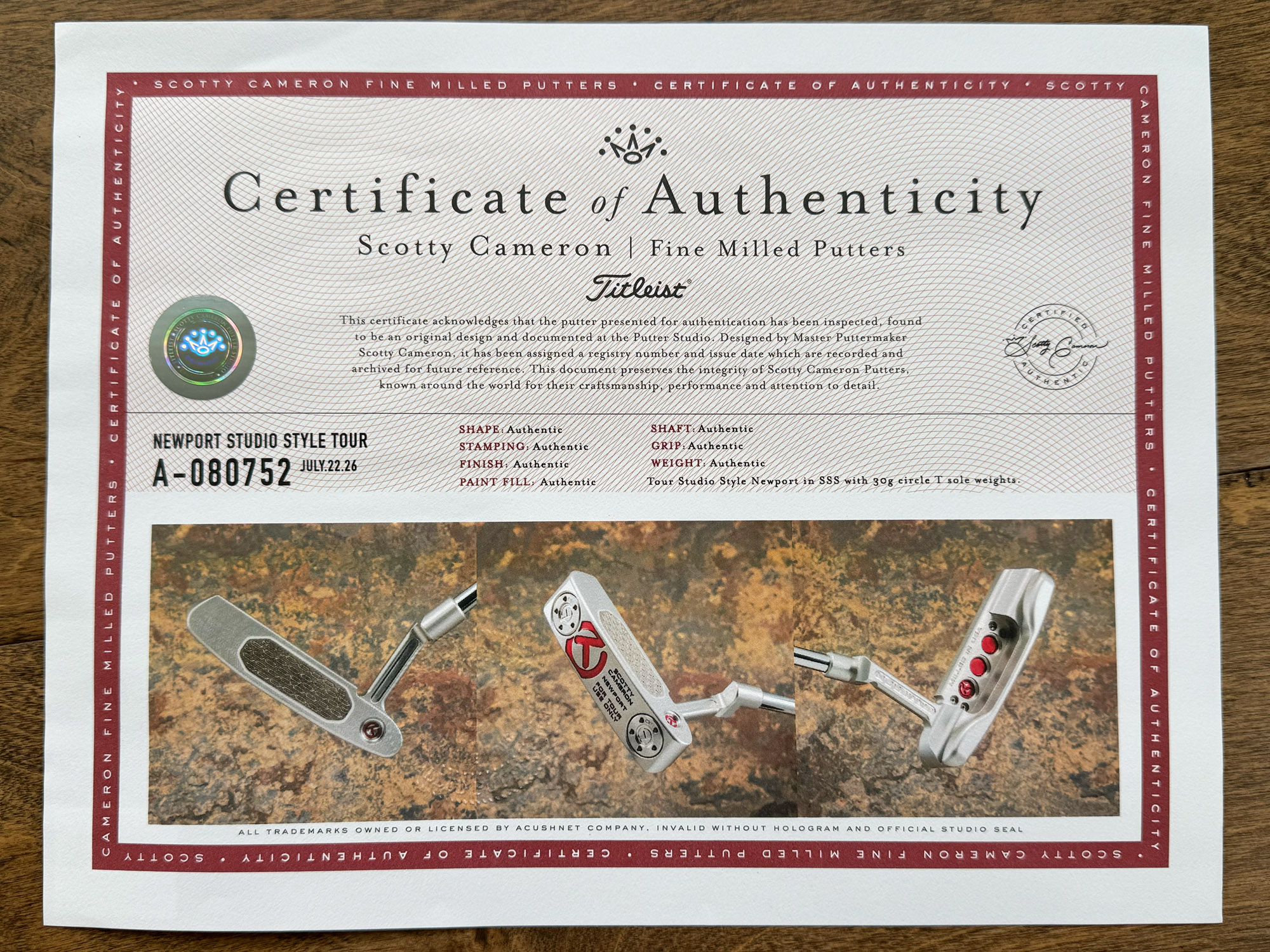 scotty cameron certificate of authenticity coa paperwork for circle t putter golf club