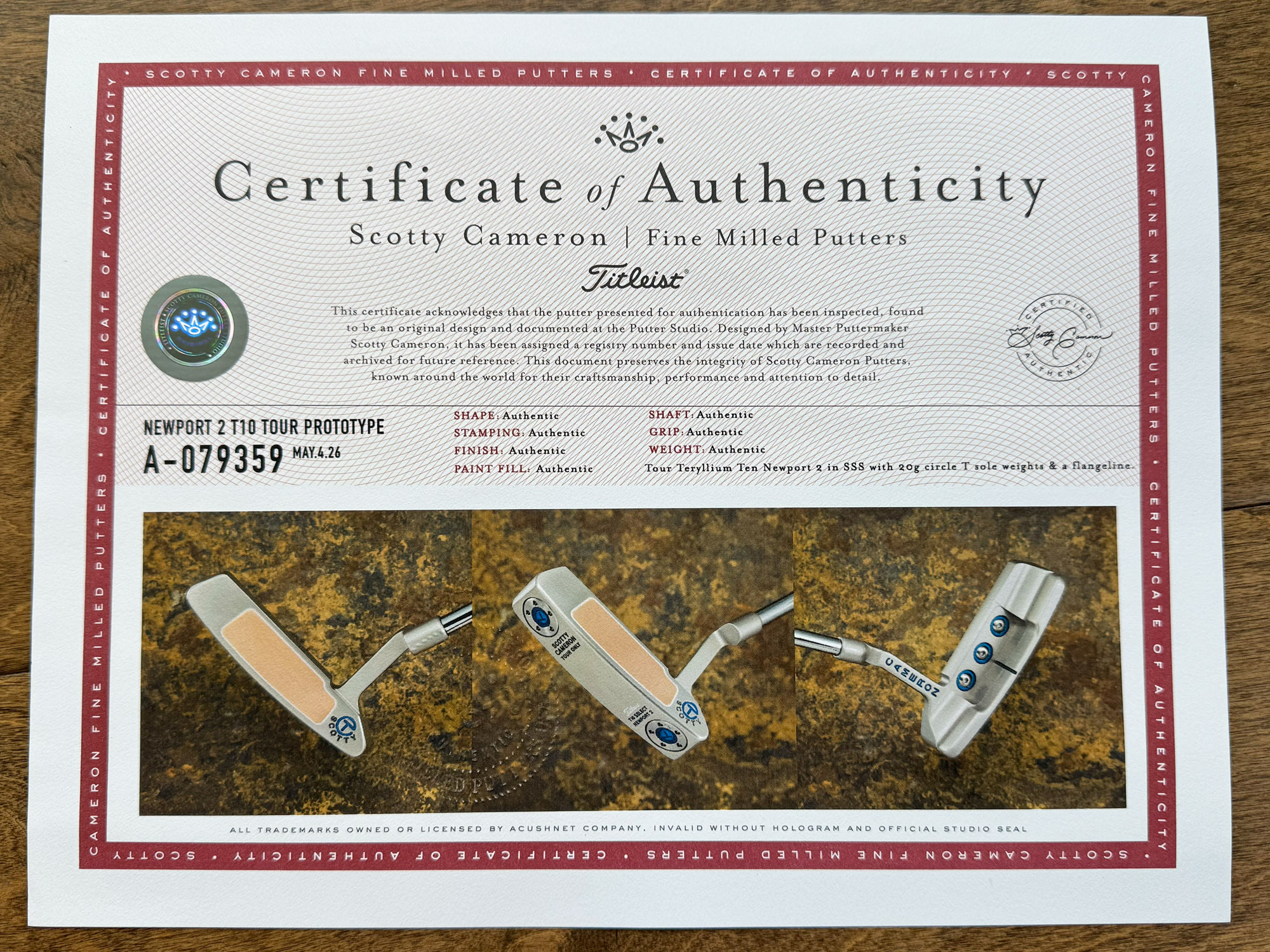 scotty cameron certificate of authenticity coa paperwork for circle t putter golf club