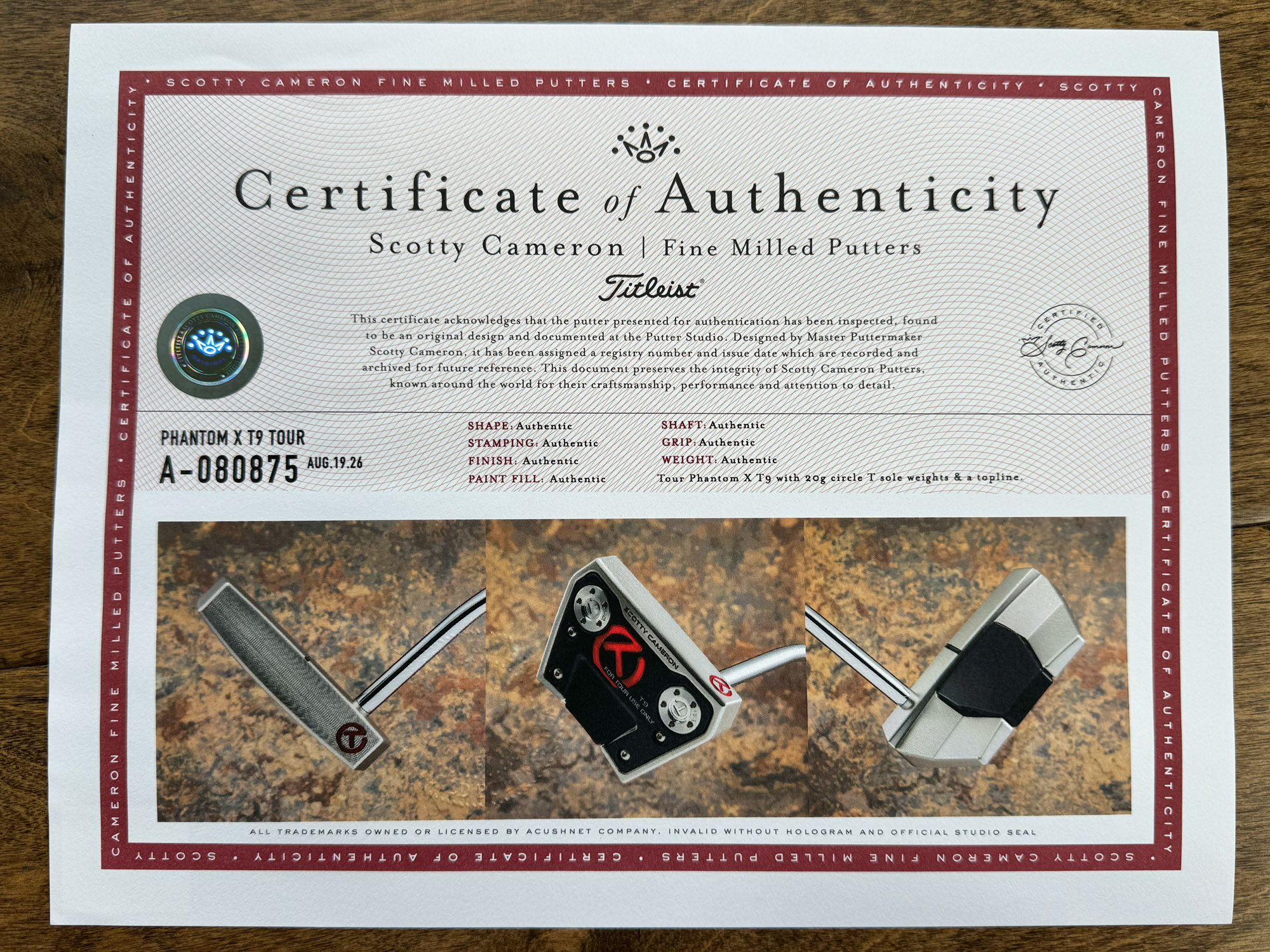 scotty cameron certificate of authenticity coa paperwork for circle t putter golf club