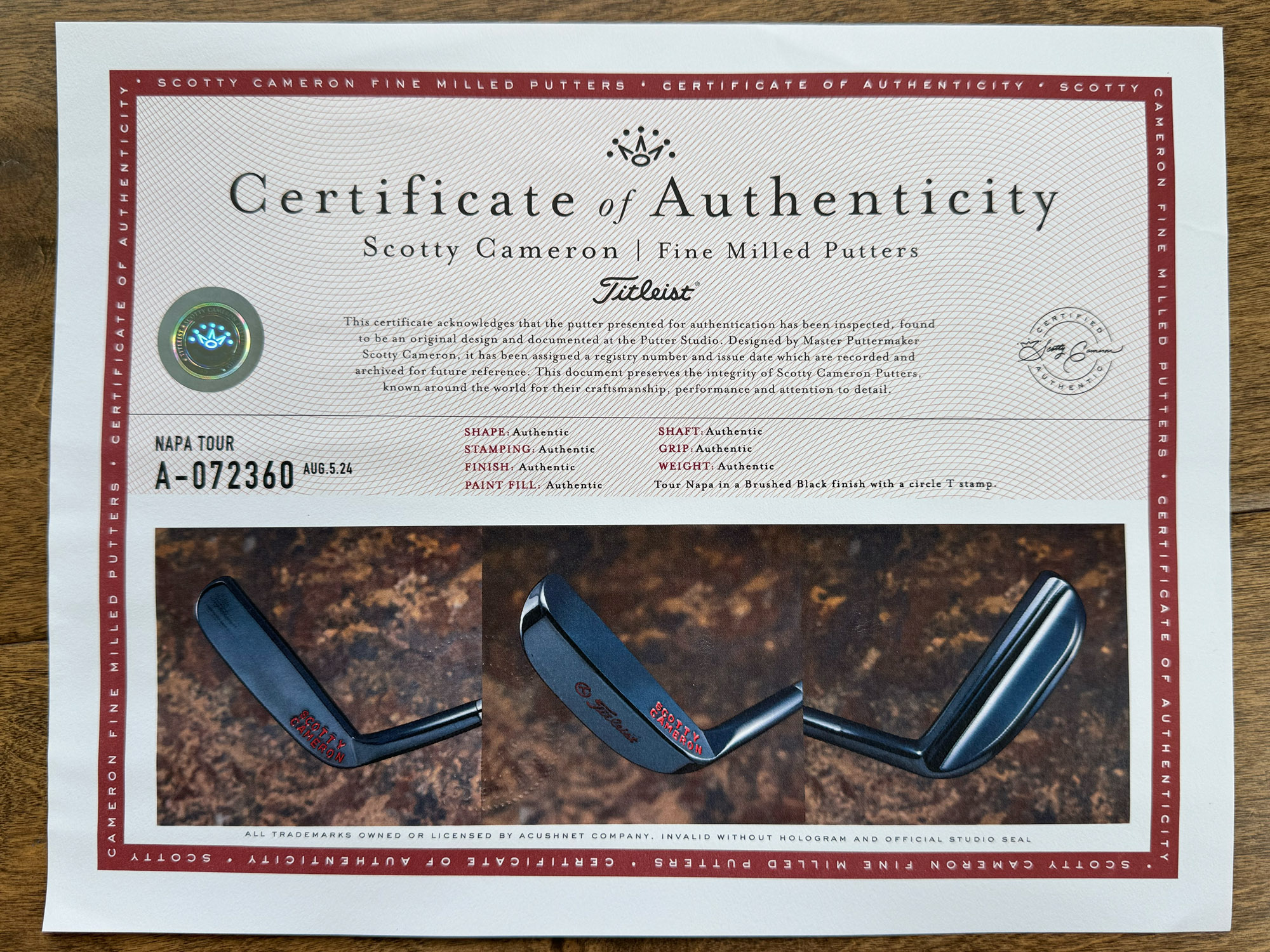 scotty cameron certificate of authenticity coa paperwork for circle t putter golf club