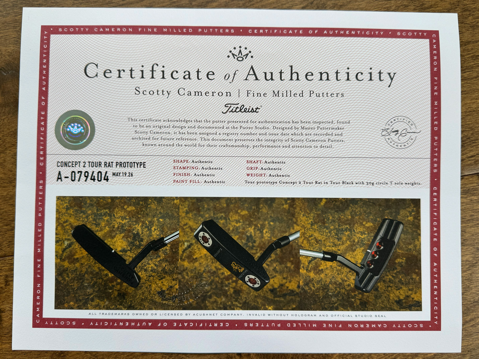 A079404, coa certificate from Tour Putter Gallery
