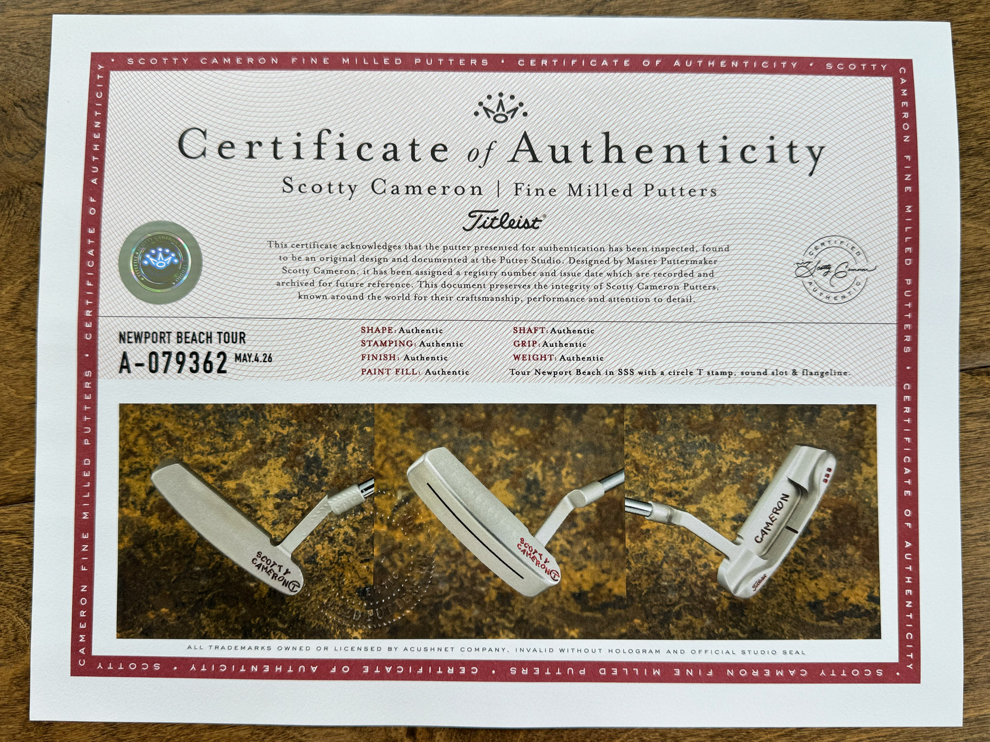A079362, coa certificate from Tour Putter Gallery