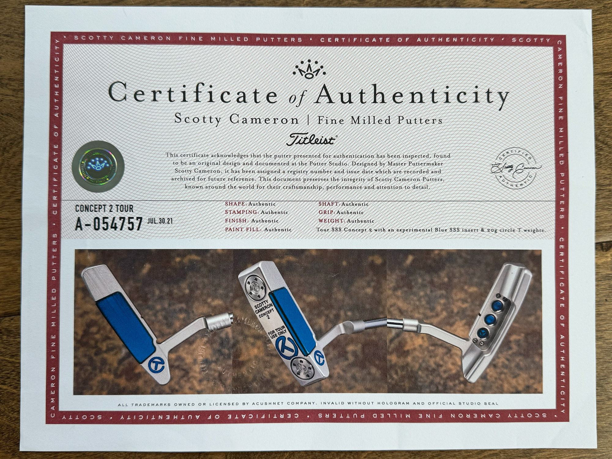 scotty cameron certificate of authenticity coa paperwork for circle t putter golf club