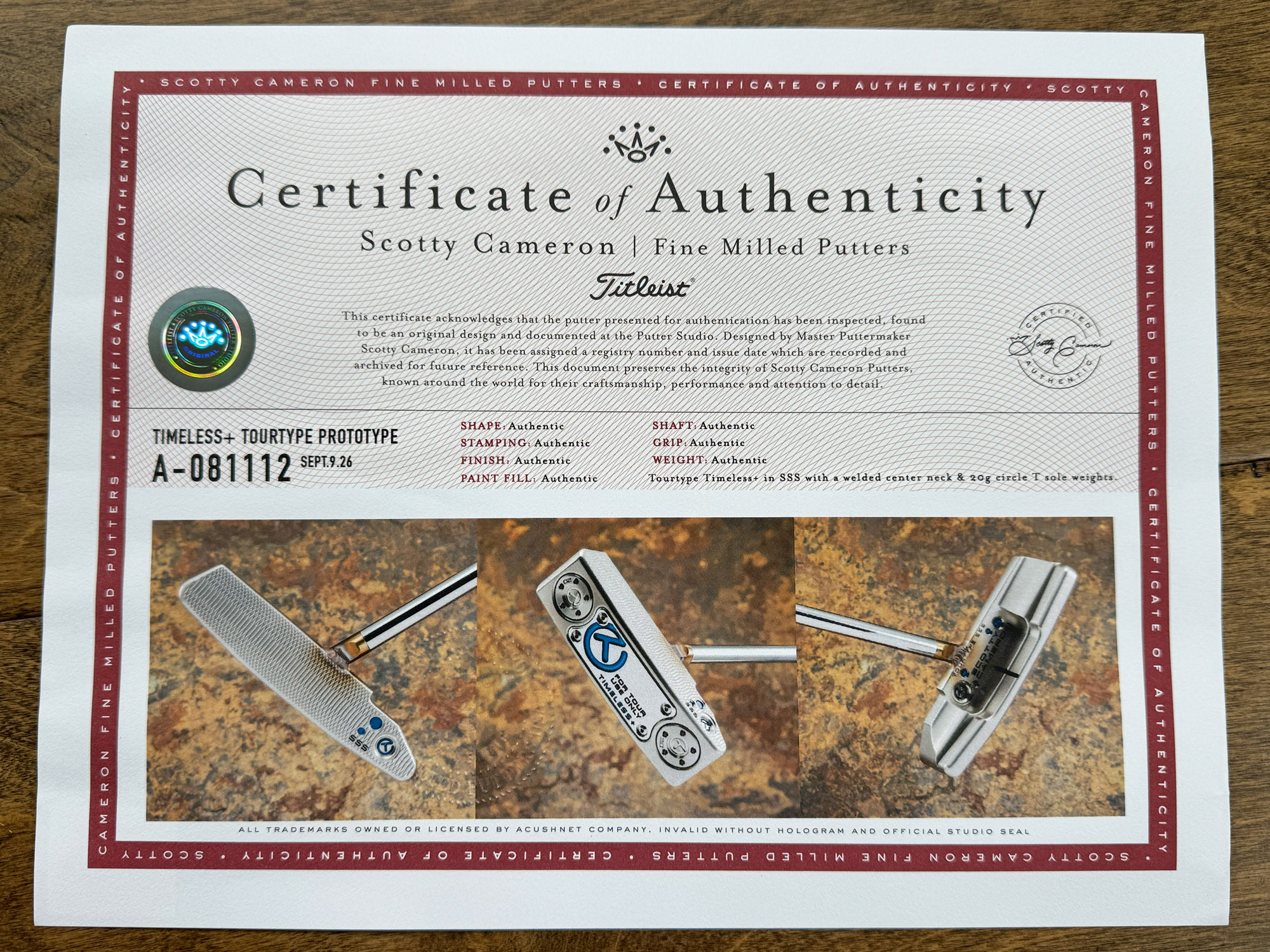 scotty cameron certificate of authenticity coa paperwork for circle t putter golf club