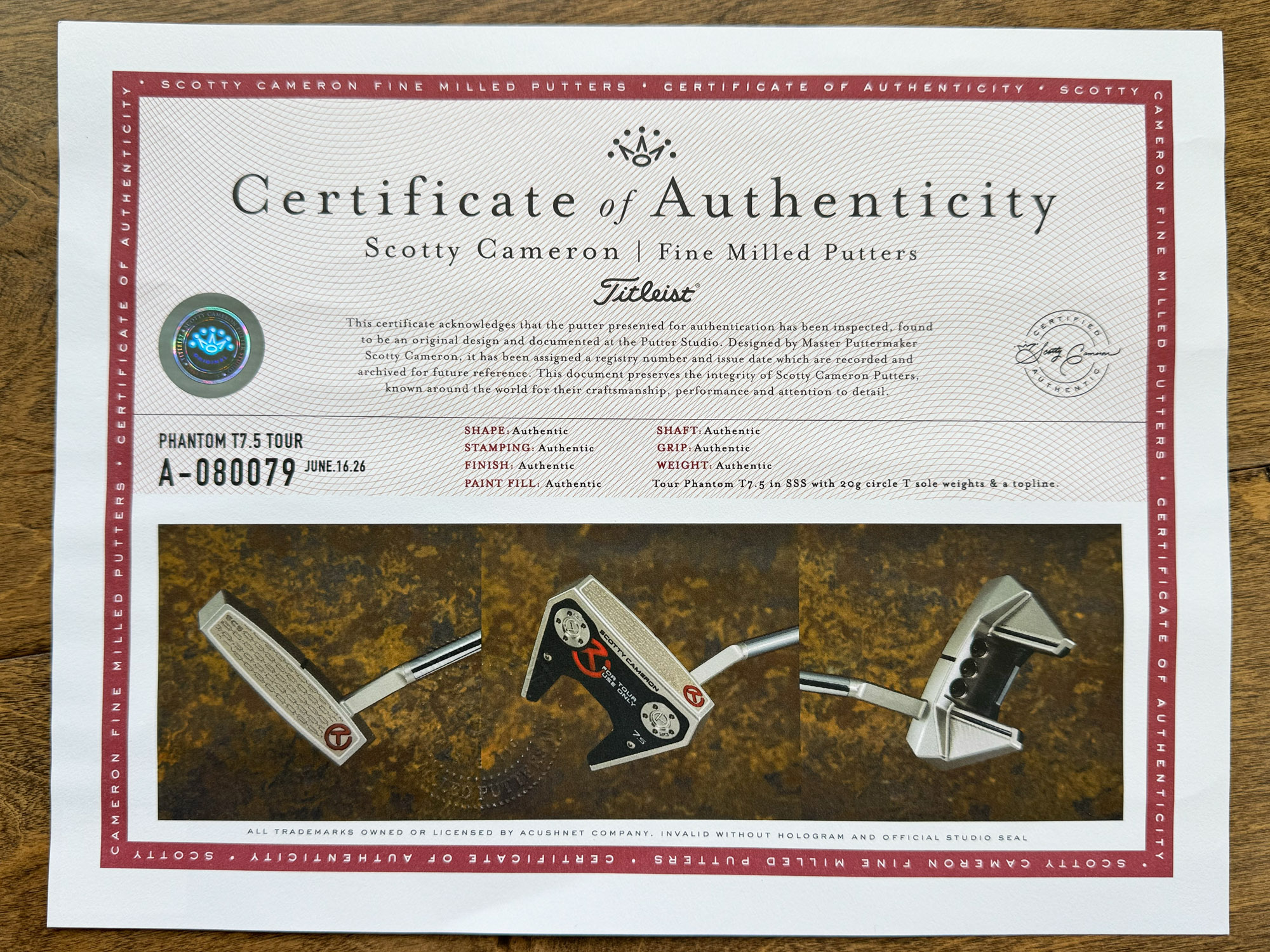 A080079, coa certificate from Tour Putter Gallery