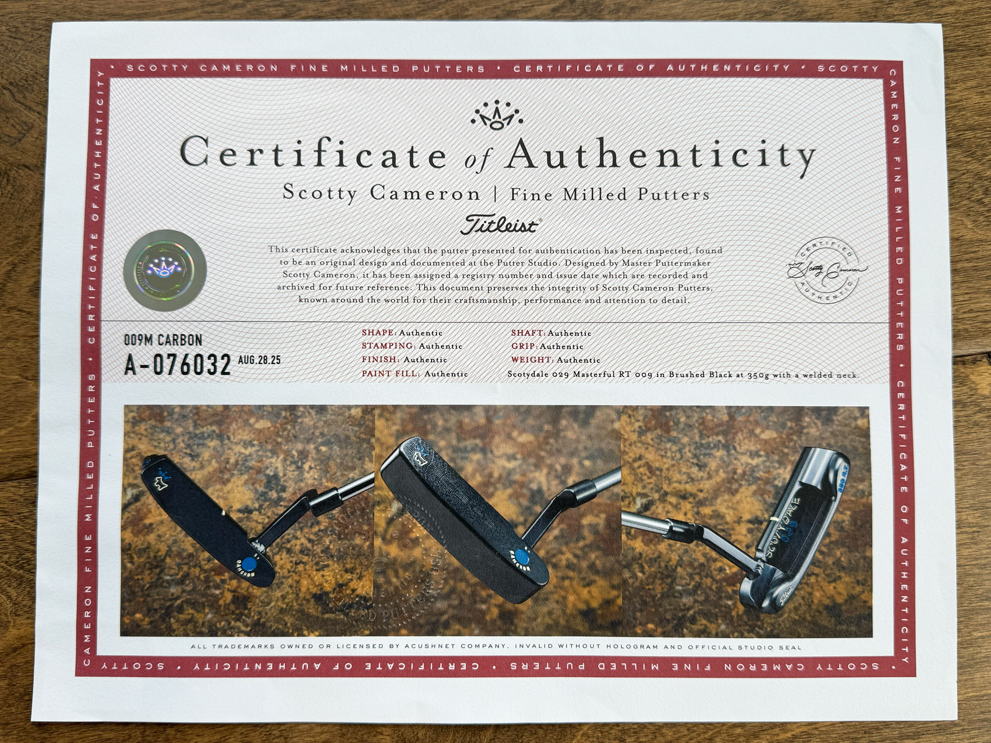 scotty cameron certificate of authenticity coa paperwork for circle t putter golf club