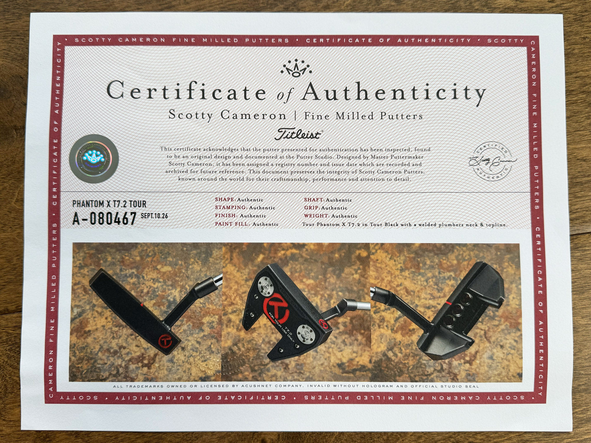 scotty cameron certificate of authenticity coa paperwork for circle t putter golf club