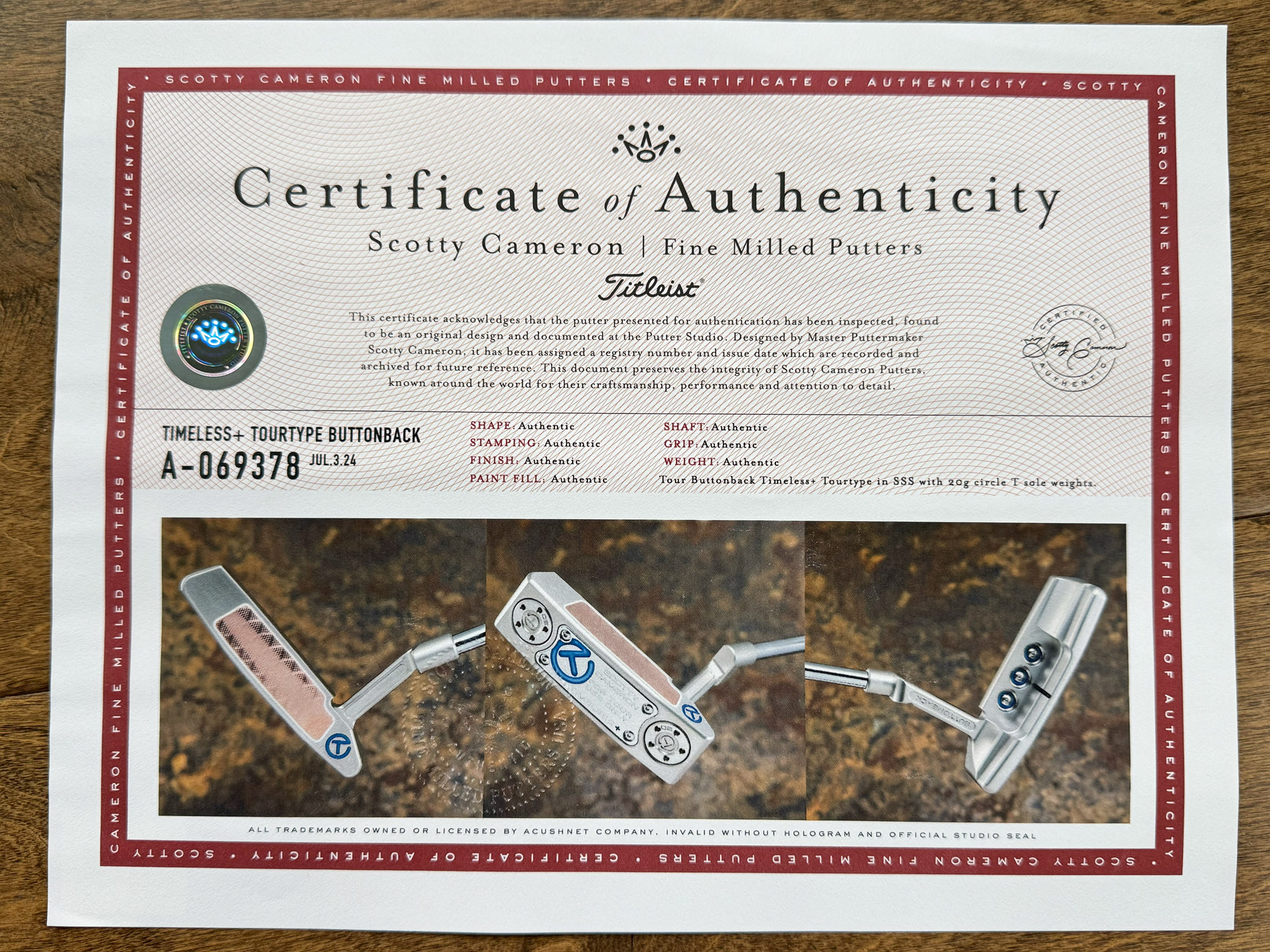 scotty cameron certificate of authenticity coa paperwork for circle t putter golf club