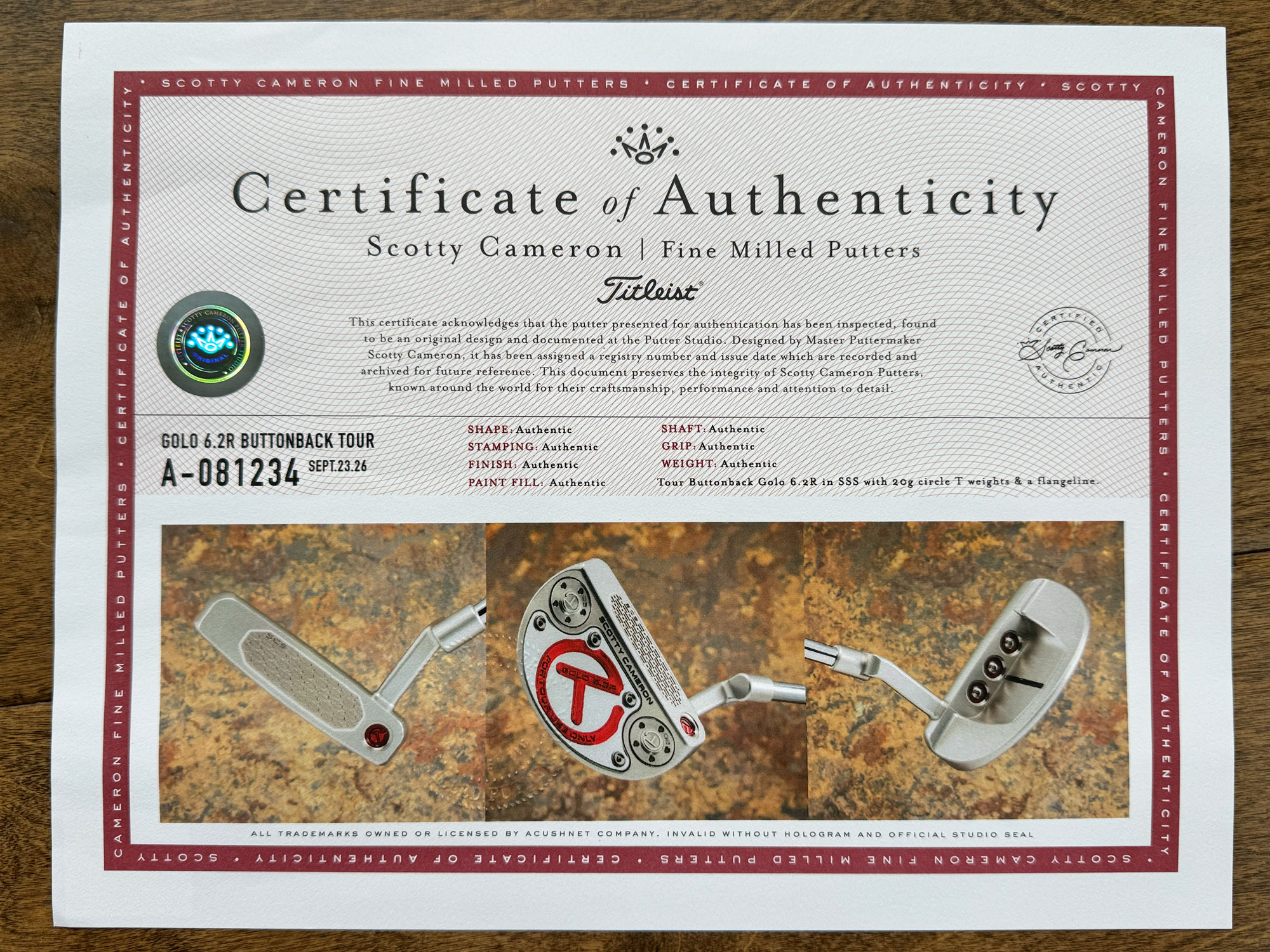 scotty cameron certificate of authenticity coa paperwork for circle t putter golf club
