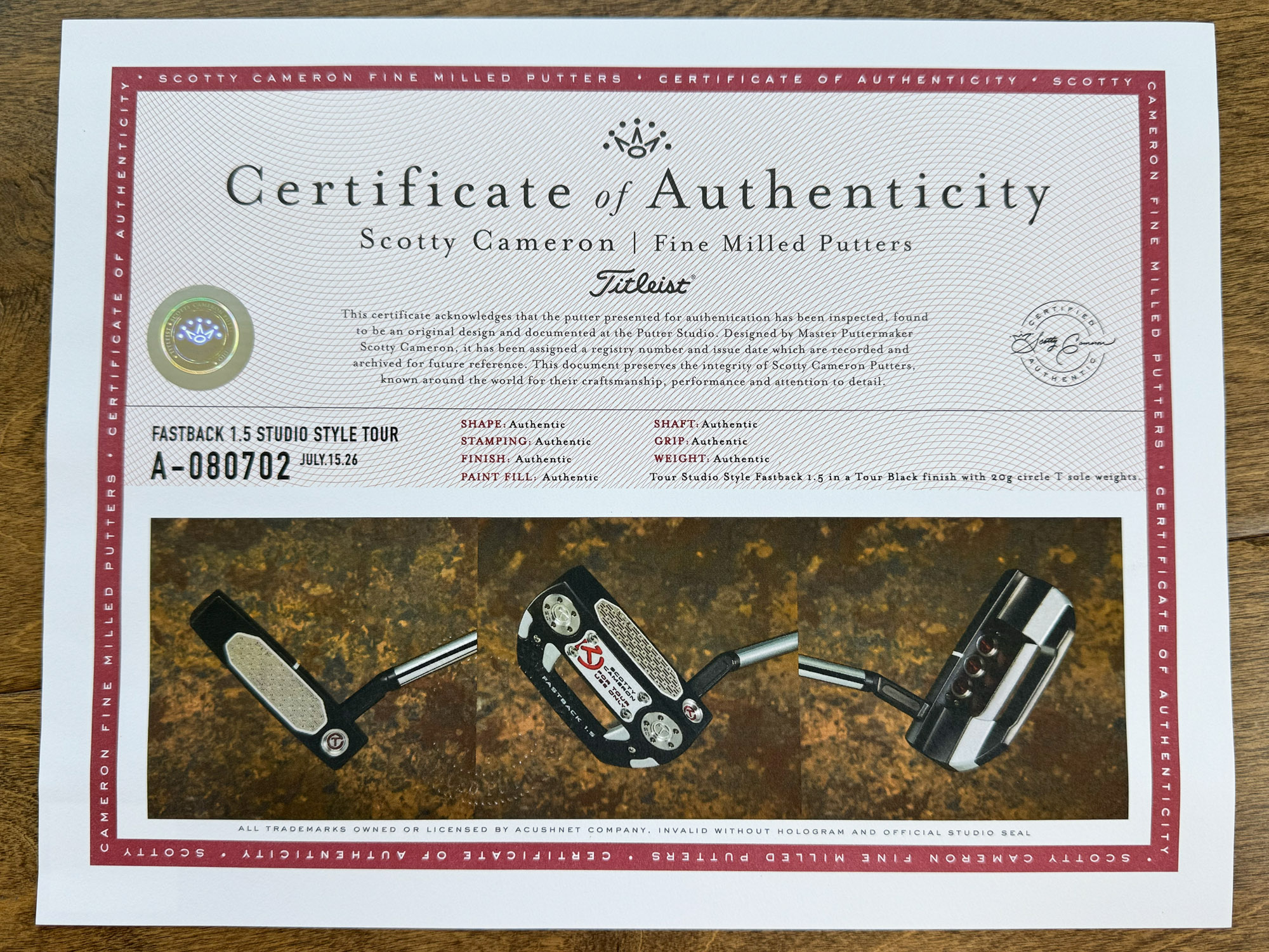 A080702, coa certificate from Tour Putter Gallery